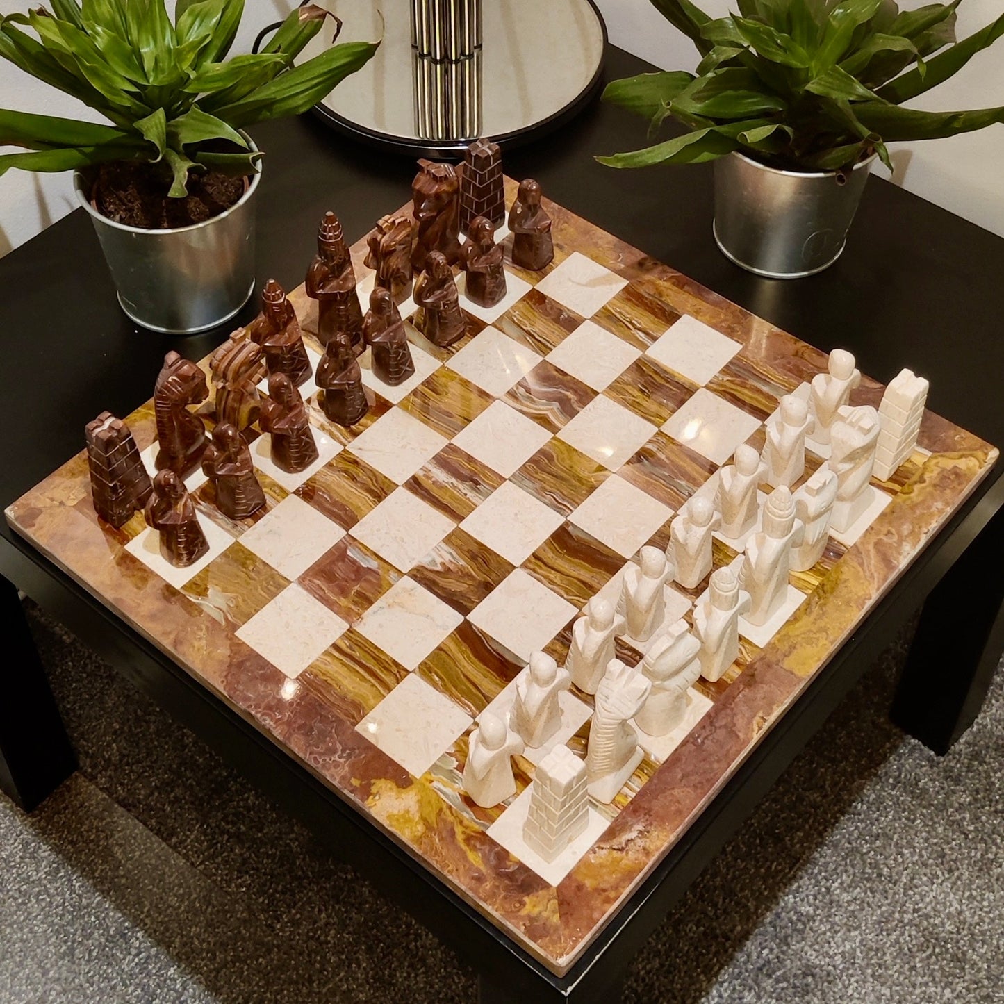 Hand Carved Marble Chess Set: Red & Beige Stone, Velvet Case (15x15 inch) - GOFIRE OUTLET