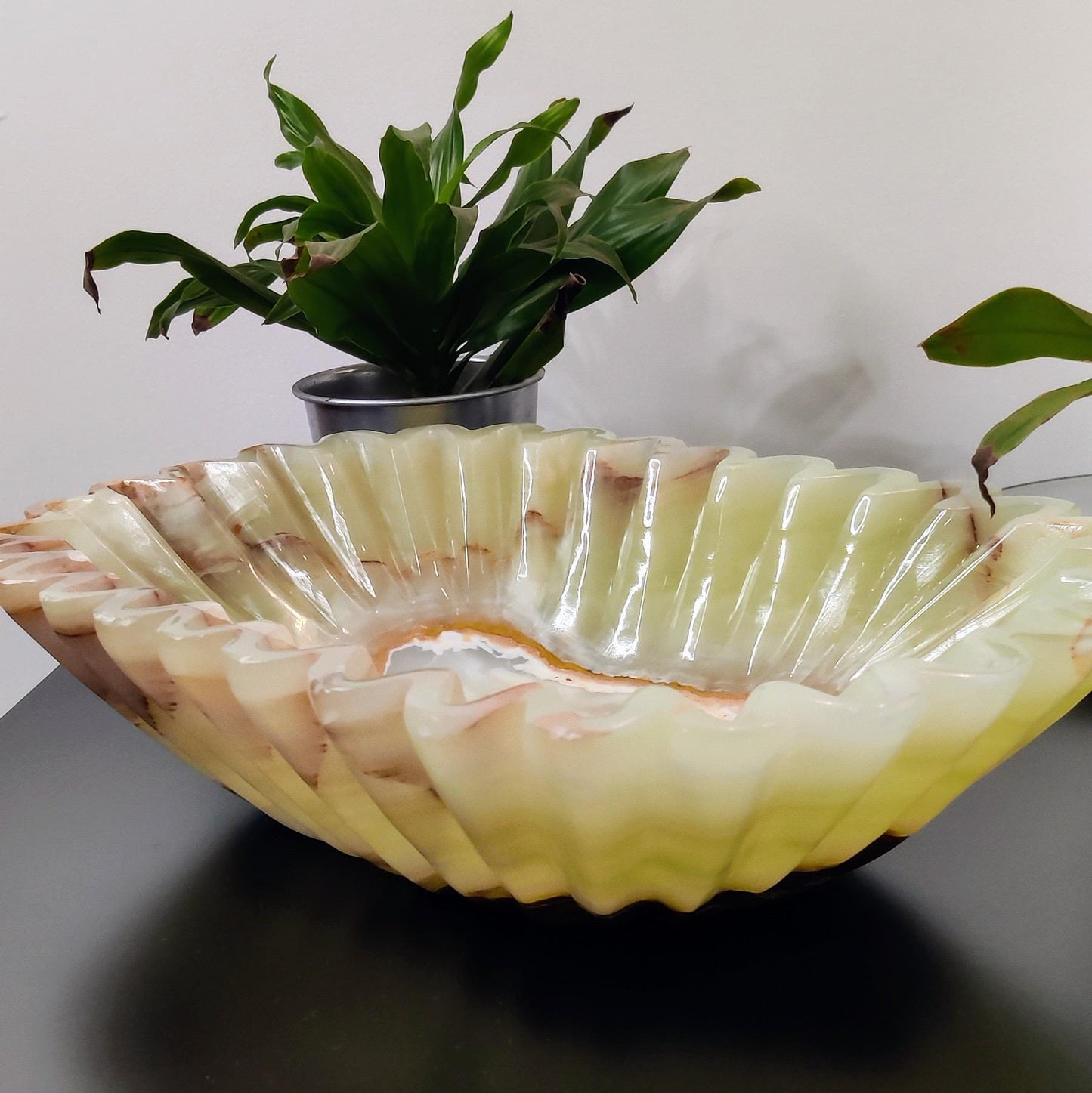Hand - Carved Onyx Marble Bowl: Zigzag Border, Dining Table Centerpiece - GOFIRE OUTLET