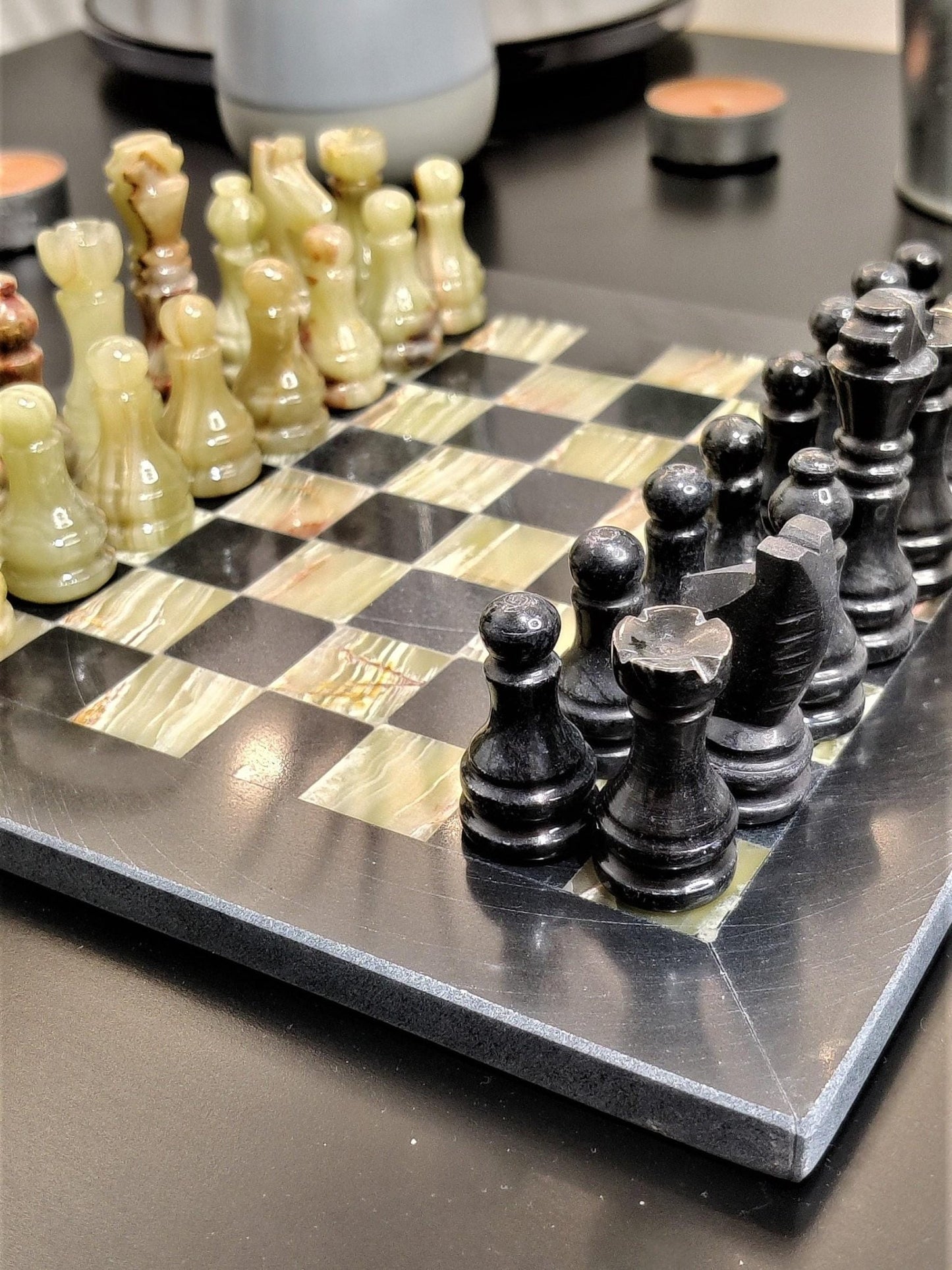 Handmade Marble Chess Set: Black & Onyx 8x8 inch Board, Velvet Case - GOFIRE OUTLET