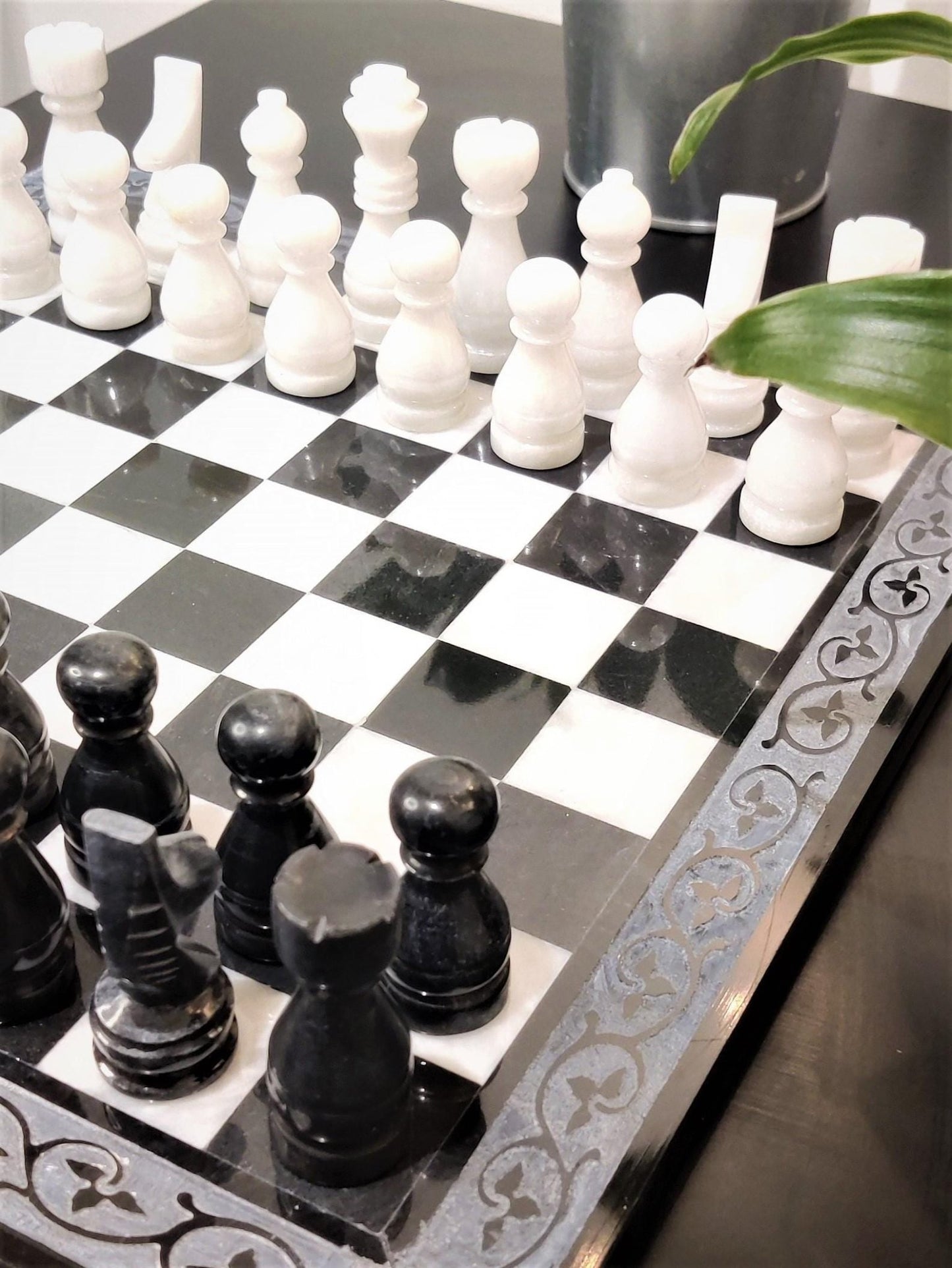 Handmade Marble Chess Set: Black & White 12x12 inches Carved Border Design - GOFIRE OUTLET