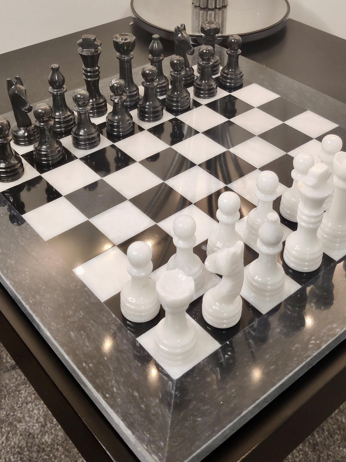 Hand Carved Marble Chess Set: Black & White Stone Board (15x15 inch)