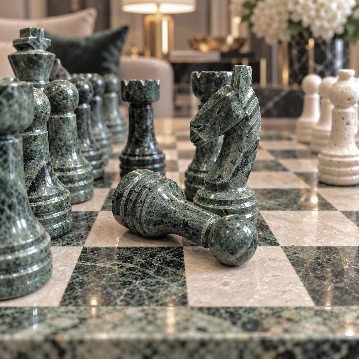 Handmade Marble Chess Set: Forest Green and Travertine Chess Board with Black Velvet Case