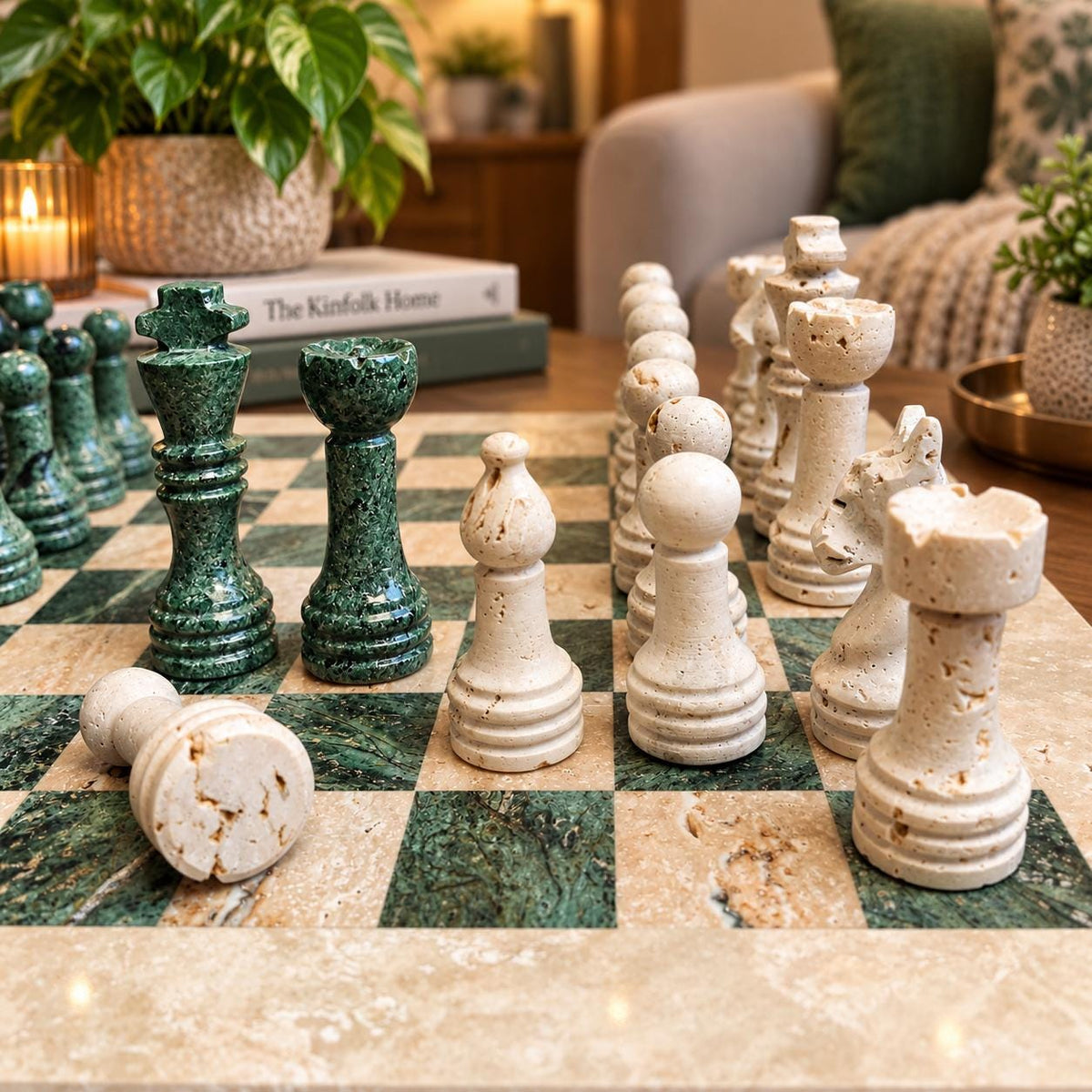 Handmade Marble Chess Set: Travertine and Forest Green Chess Board with Black Velvet Case