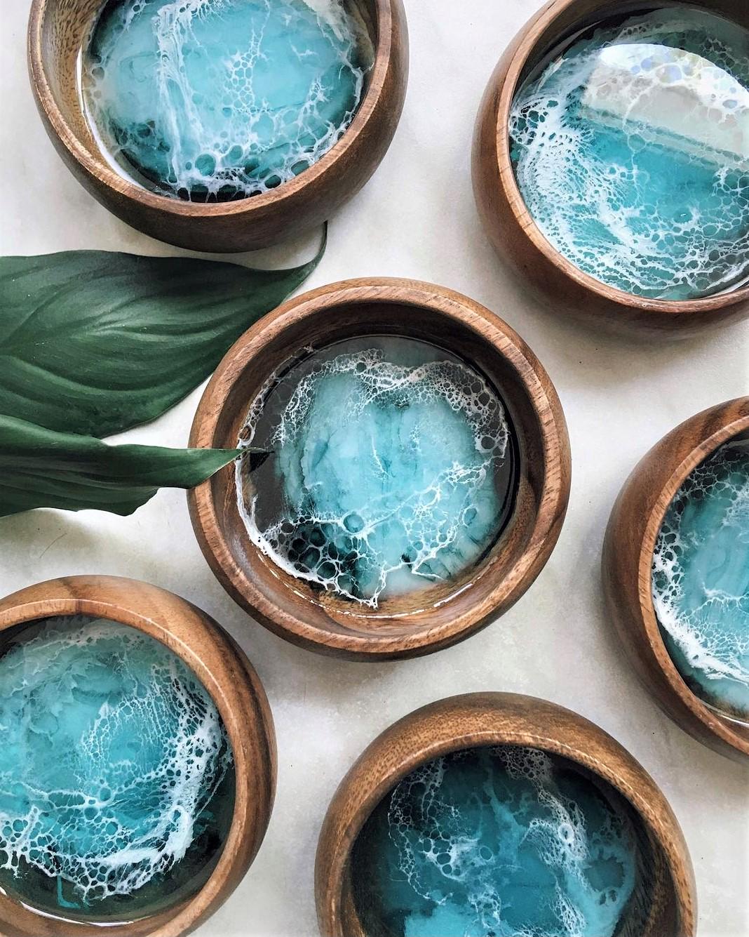 Personalized Ocean Resin Trinket Bowl, Wooden Trinket Bowl, Ocean Resin Trinket Dish, Acacia Wood Bowl with Ocean Resin for Jewelry Storage - GOFIRE OUTLET
