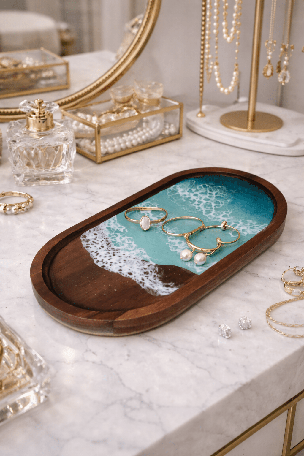 Trinket Dish for Jewelry, Ocean Resin Art Trinket Wooden Dish, Acacia Wood Dish for Jewelry Storage, Personalized Trinket Dish - GOFIRE OUTLET