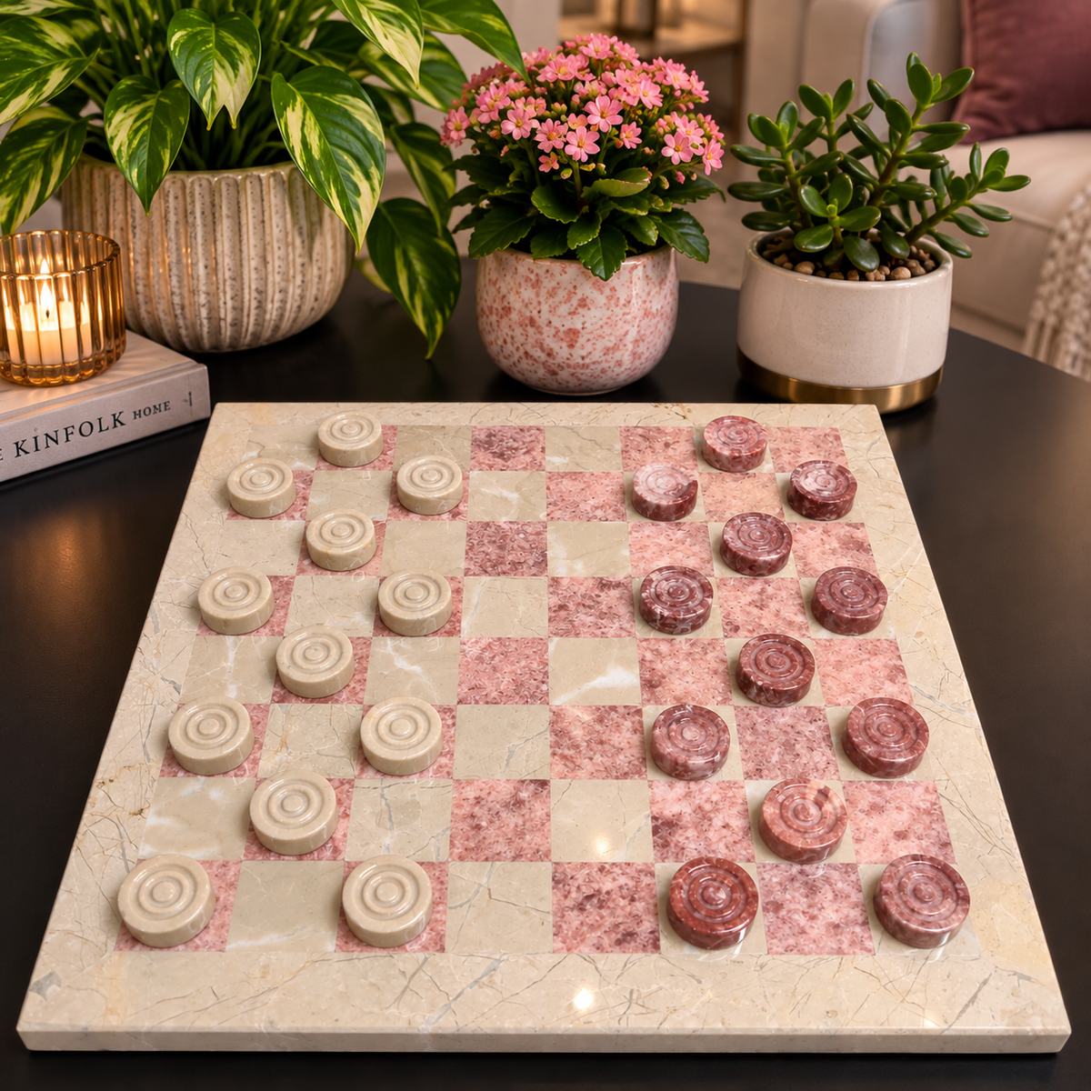 Handmade Marble Chess Set: Beige and Pink 10 x 10 inch Board with Checkers set and Velvet Case