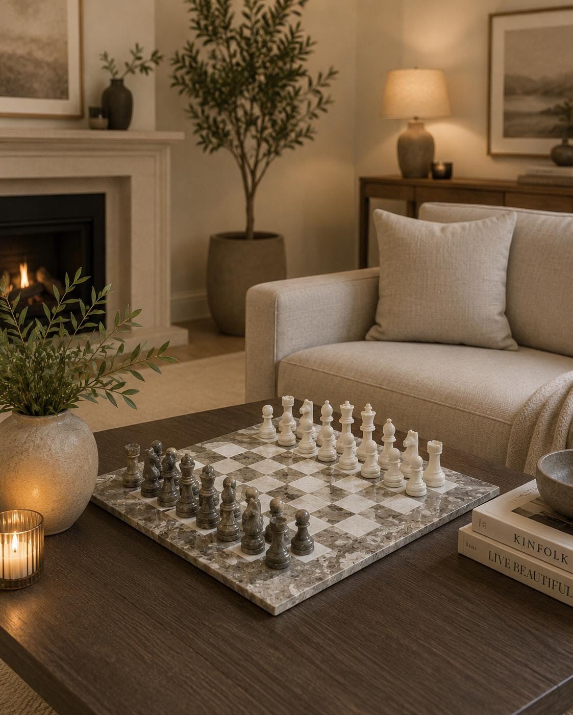 A marble chessboard with white and gray chess pieces set on a dark wood coffee table in a cozy living room with a fireplace, sofa, and plants.