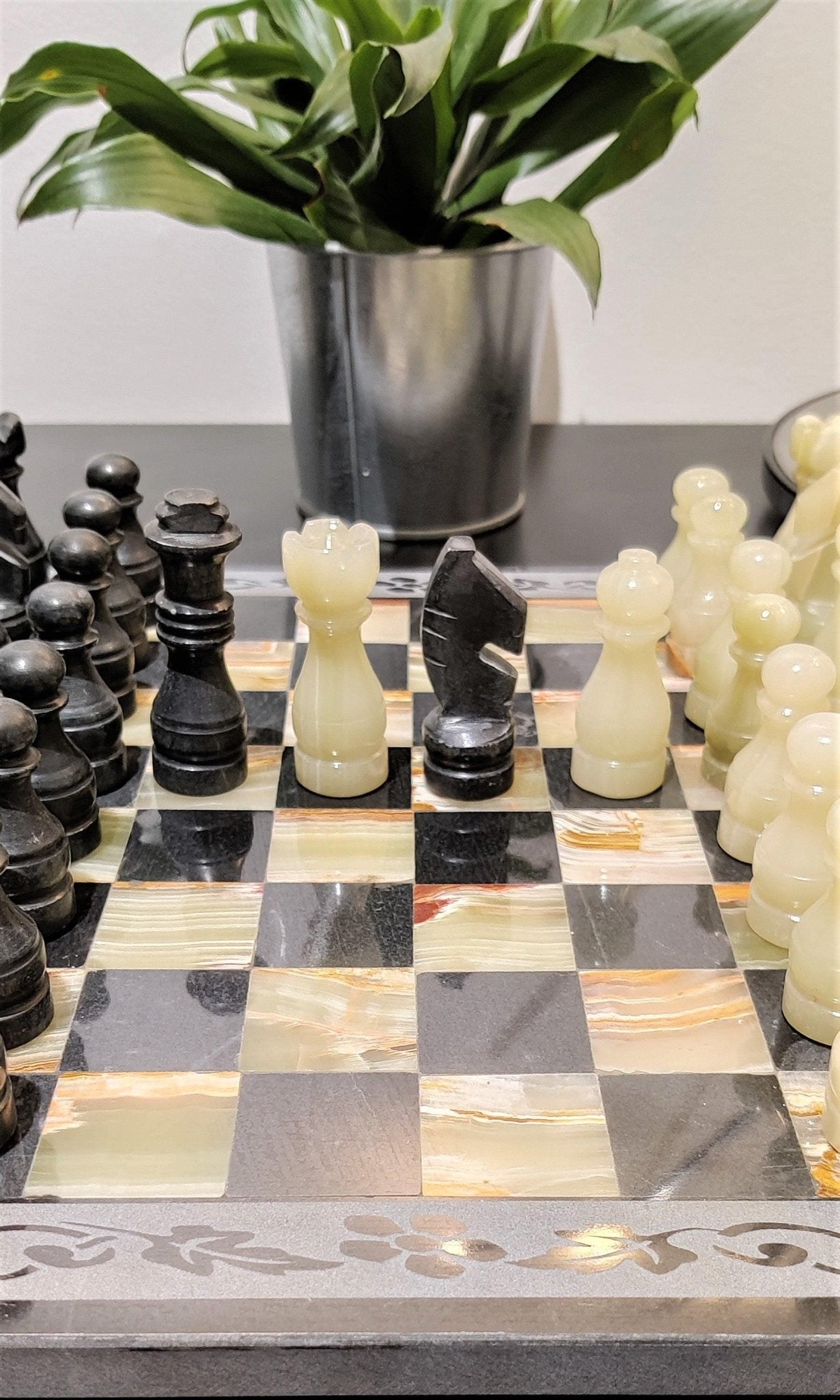 Hand Carved Marble Chess Set: Onyx & Black Natural Stone 12x12 inches with Border Design - GOFIRE OUTLET