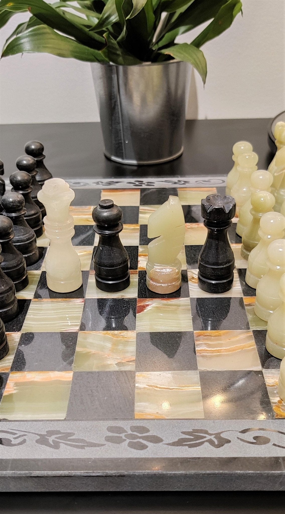 Hand Carved Marble Chess Set: Onyx & Black Natural Stone 12x12 inches with Border Design - GOFIRE OUTLET