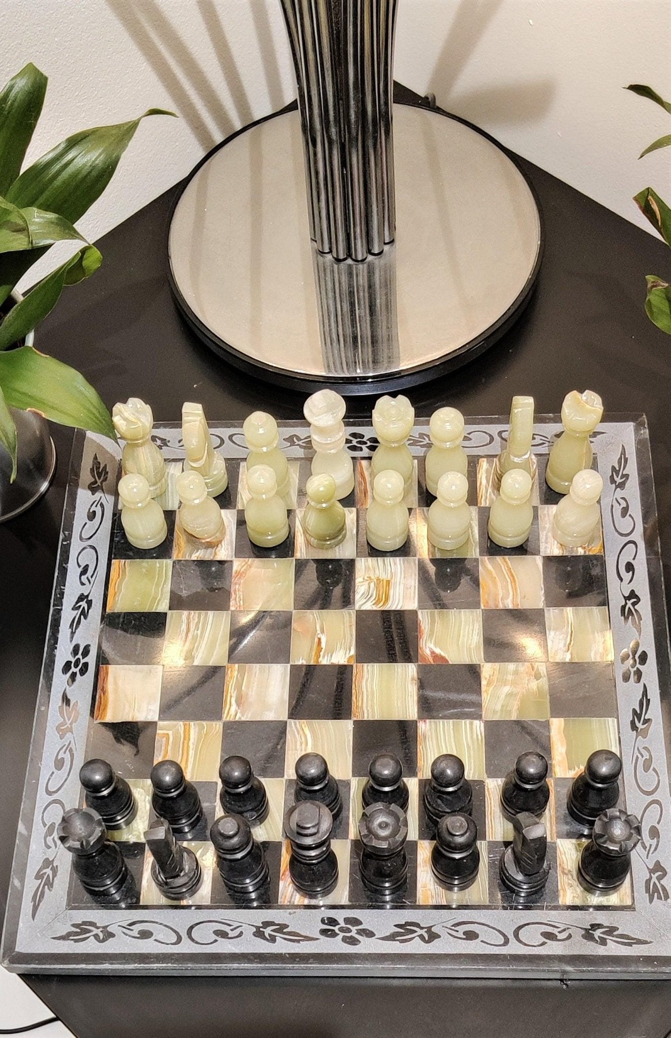 Hand Carved Marble Chess Set: Onyx & Black Natural Stone 12x12 inches with Border Design - GOFIRE OUTLET