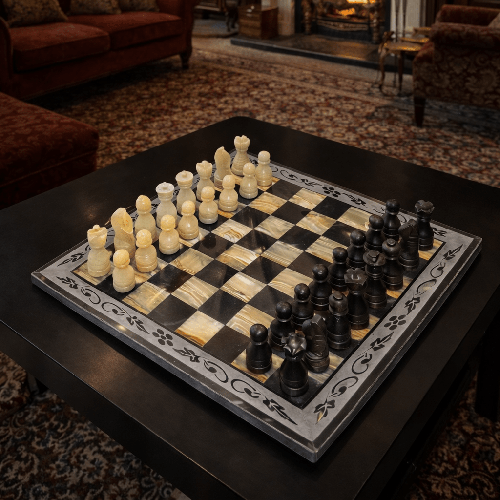 Hand Carved Marble Chess Set: Onyx & Black Natural Stone 12x12 inches with Border Design - GOFIRE OUTLET