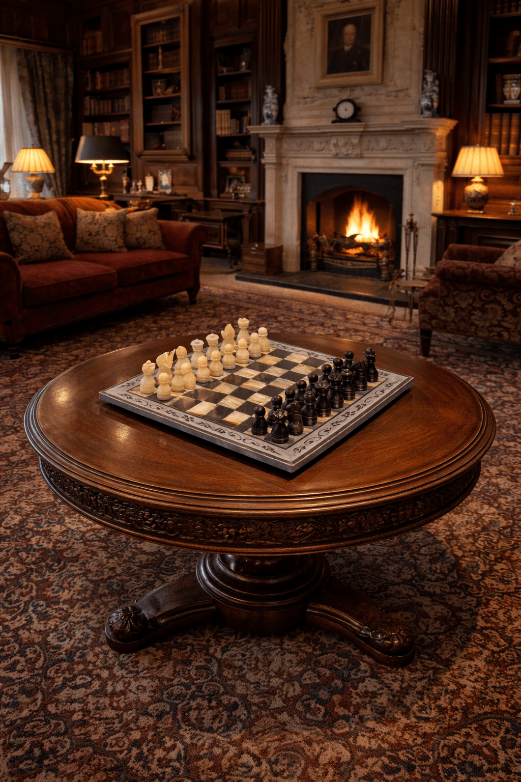 Hand Carved Marble Chess Set: Onyx & Black Natural Stone 12x12 inches with Border Design - GOFIRE OUTLET