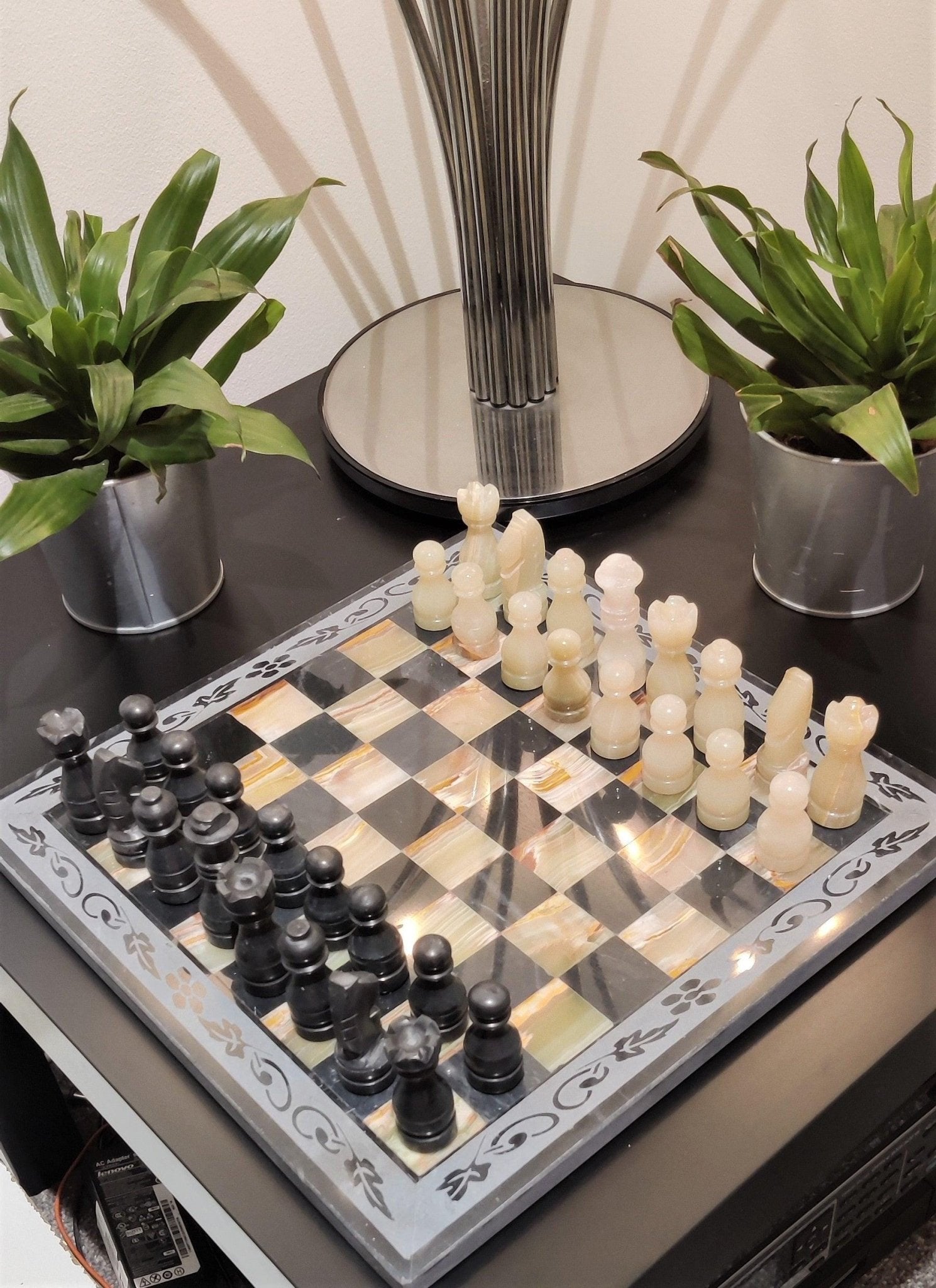 Hand Carved Marble Chess Set: Onyx & Black Natural Stone 12x12 inches with Border Design - GOFIRE OUTLET
