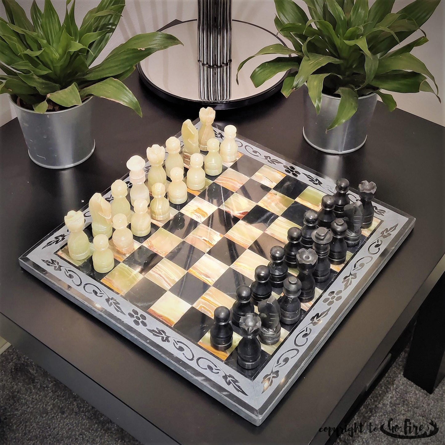 Hand Carved Marble Chess Set: Onyx & Black Natural Stone 12x12 inches with Border Design - GOFIRE OUTLET