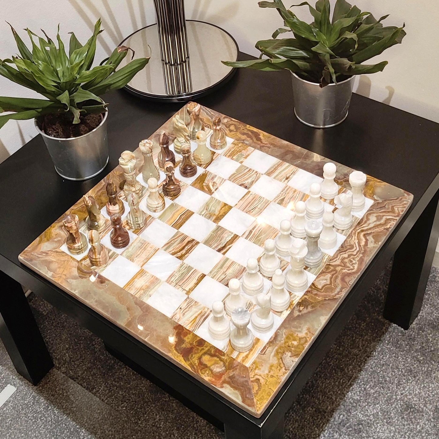 Hand Carved Marble Chess Set: Onyx & White Stone - 15x15 inch - GOFIRE OUTLET