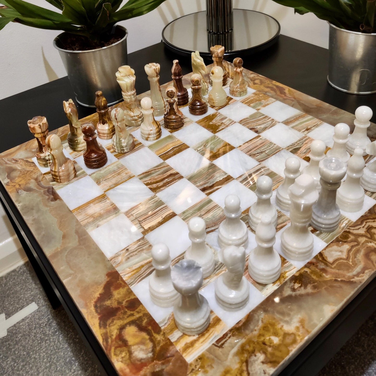 Hand Carved Marble Chess Set: Onyx & White Stone - 15x15 inch - GOFIRE OUTLET
