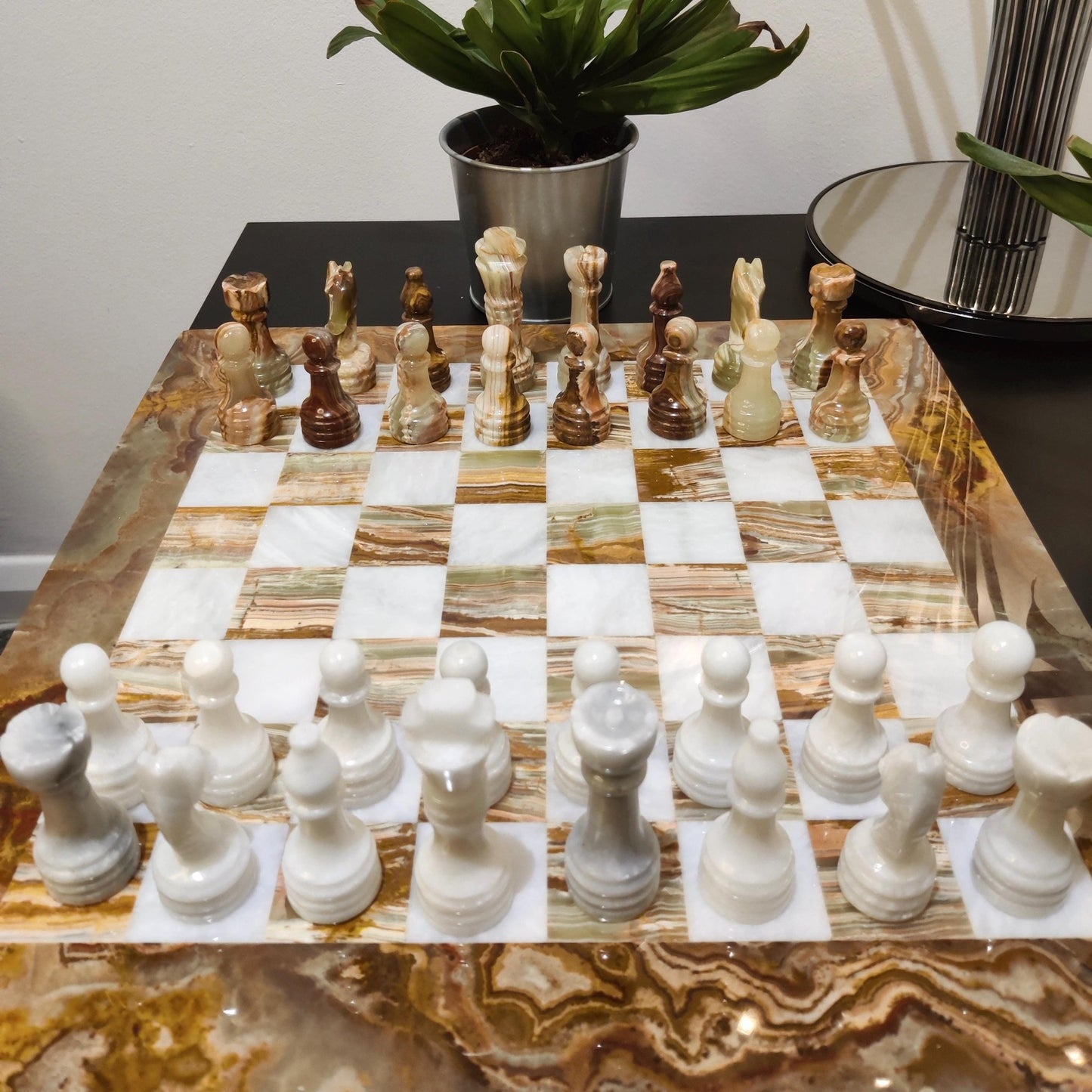 Hand Carved Marble Chess Set: Onyx & White Stone - 15x15 inch - GOFIRE OUTLET