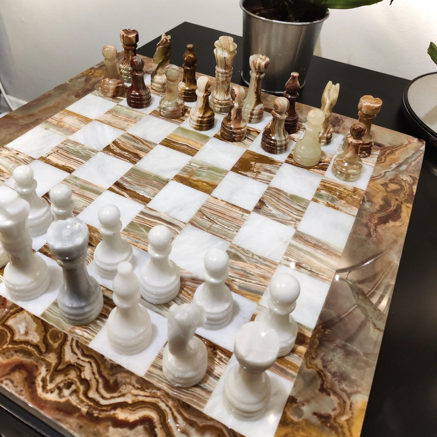 Hand Carved Marble Chess Set: Onyx & White Stone - 15x15 inch - GOFIRE OUTLET