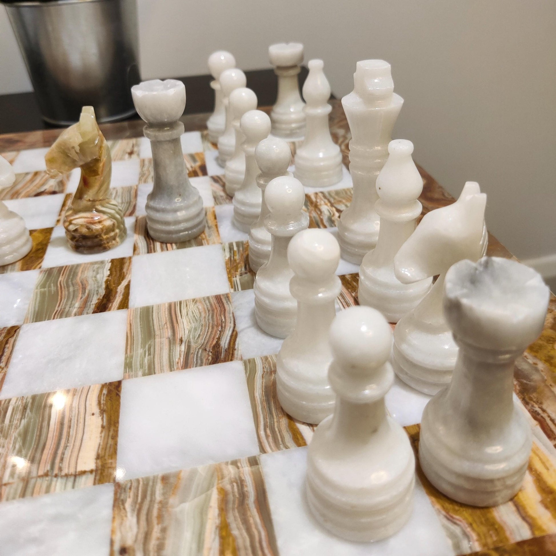 Hand Carved Marble Chess Set: Onyx & White Stone - 15x15 inch - GOFIRE OUTLET