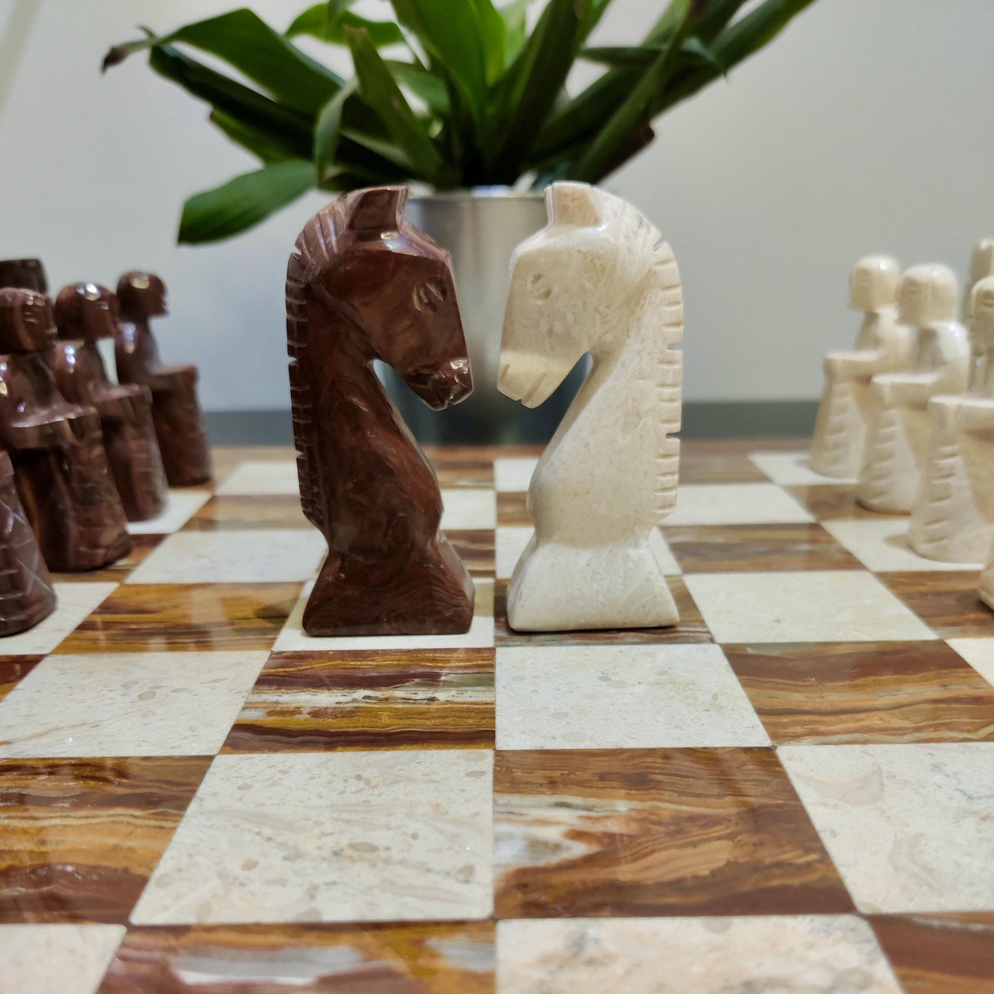 Hand Carved Marble Chess Set: Red & Beige Stone, Velvet Case (15x15 inch) - GOFIRE OUTLET