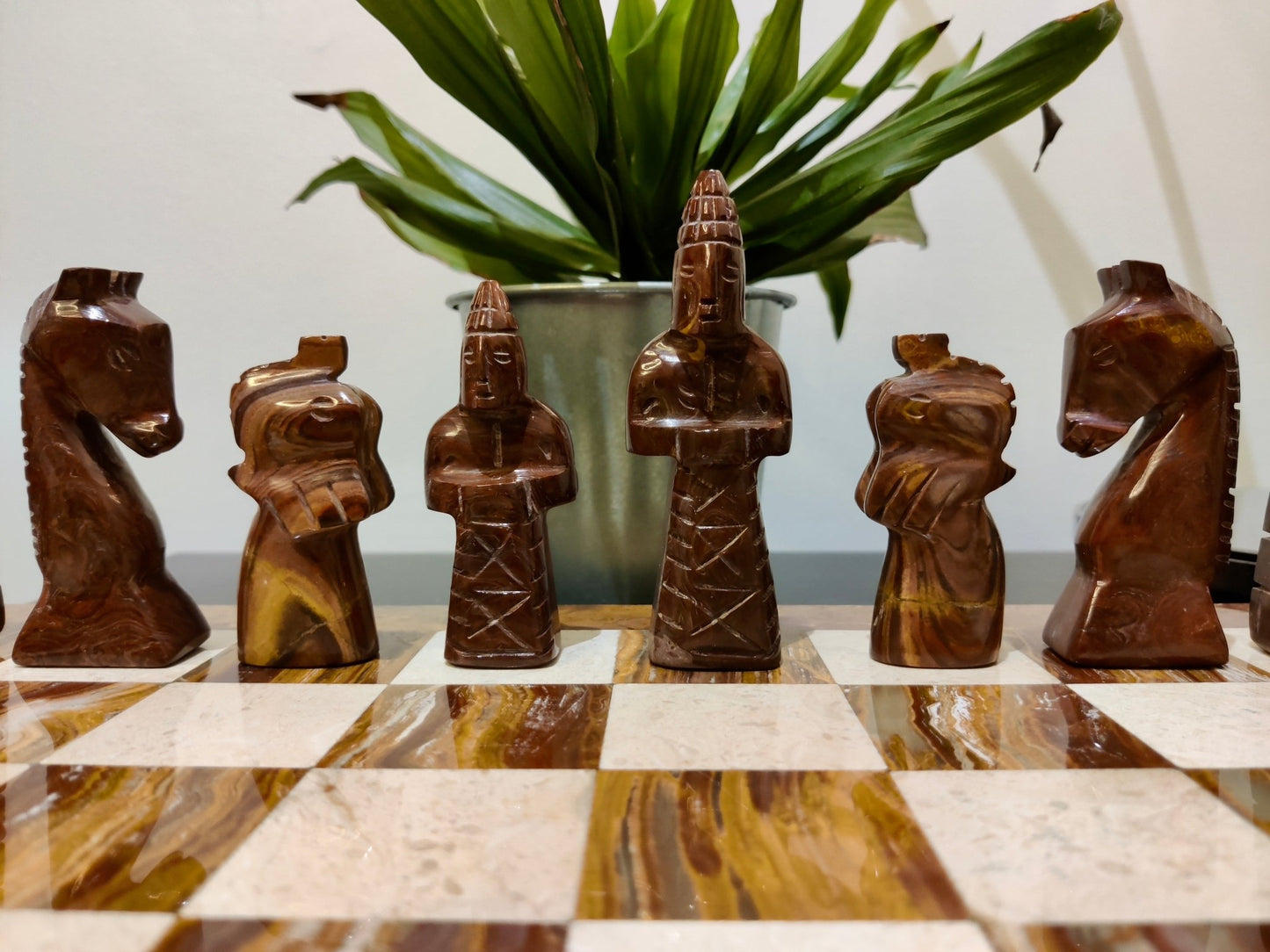 Hand Carved Marble Chess Set: Red & Beige Stone, Velvet Case (15x15 inch) - GOFIRE OUTLET