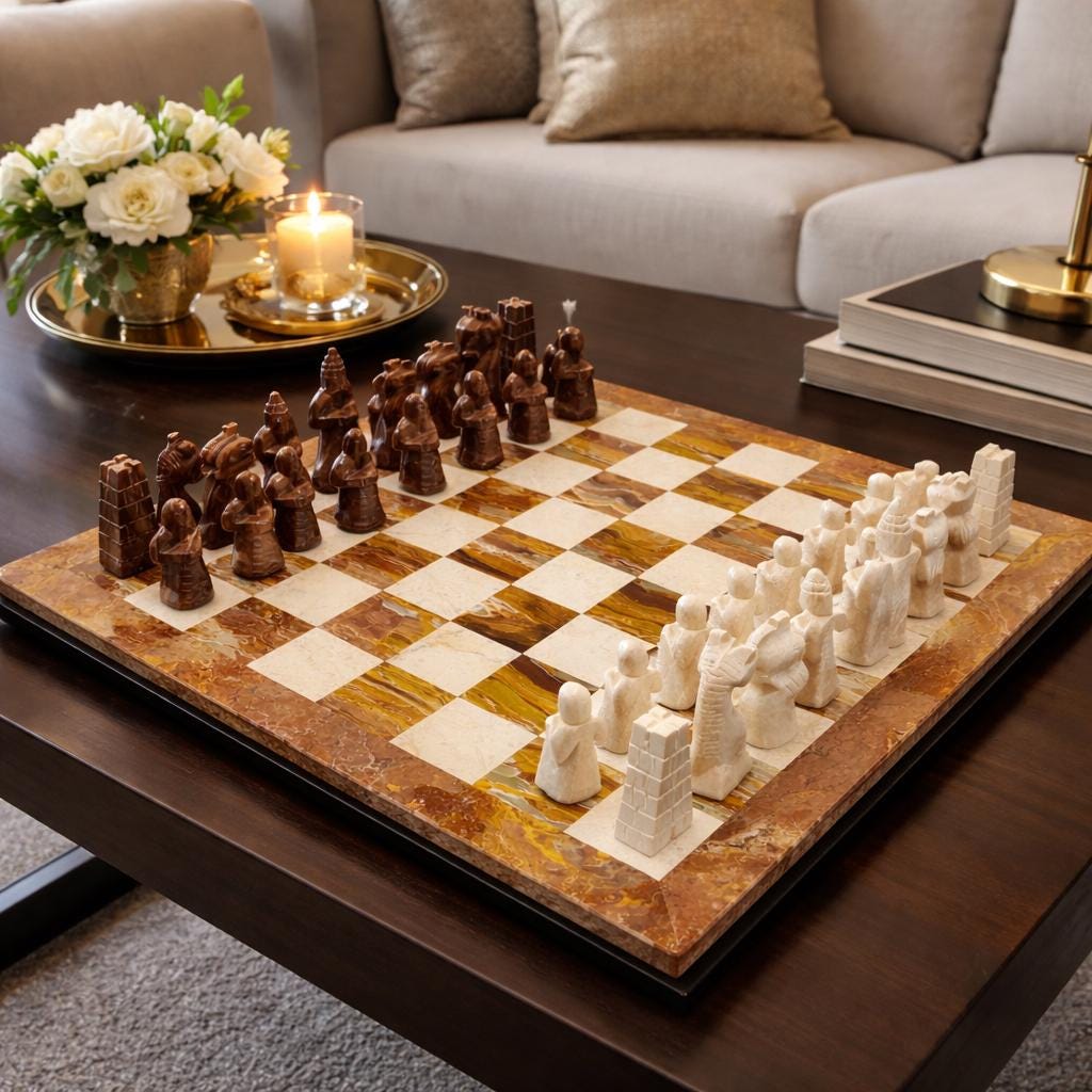 Hand Carved Marble Chess Set: Red & Beige Stone, Velvet Case (15x15 inch) - GOFIRE OUTLET