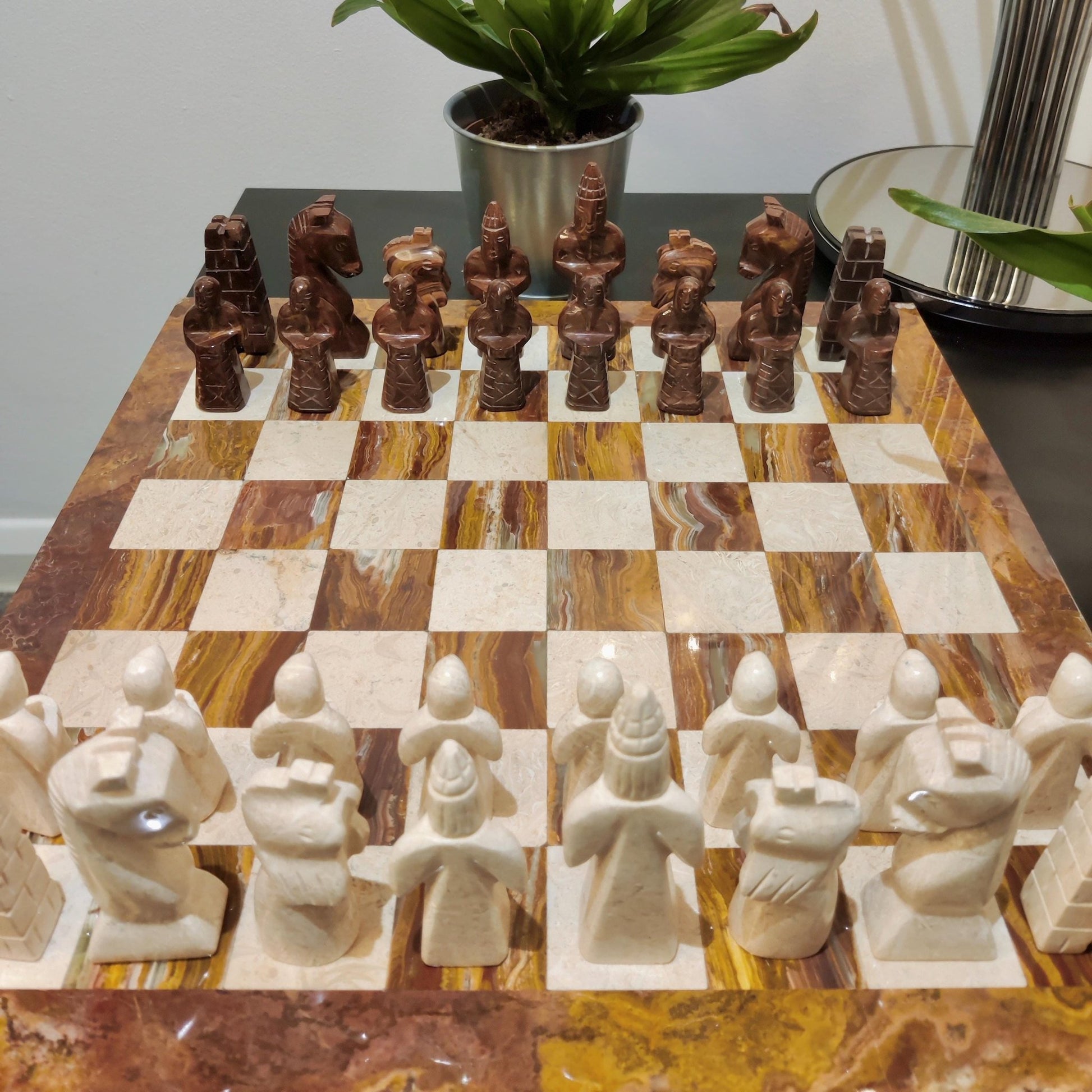 Hand Carved Marble Chess Set: Red & Beige Stone, Velvet Case (15x15 inch) - GOFIRE OUTLET