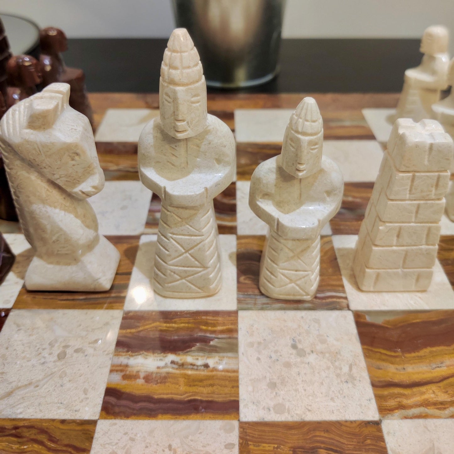 Hand Carved Marble Chess Set: Red & Beige Stone, Velvet Case (15x15 inch) - GOFIRE OUTLET