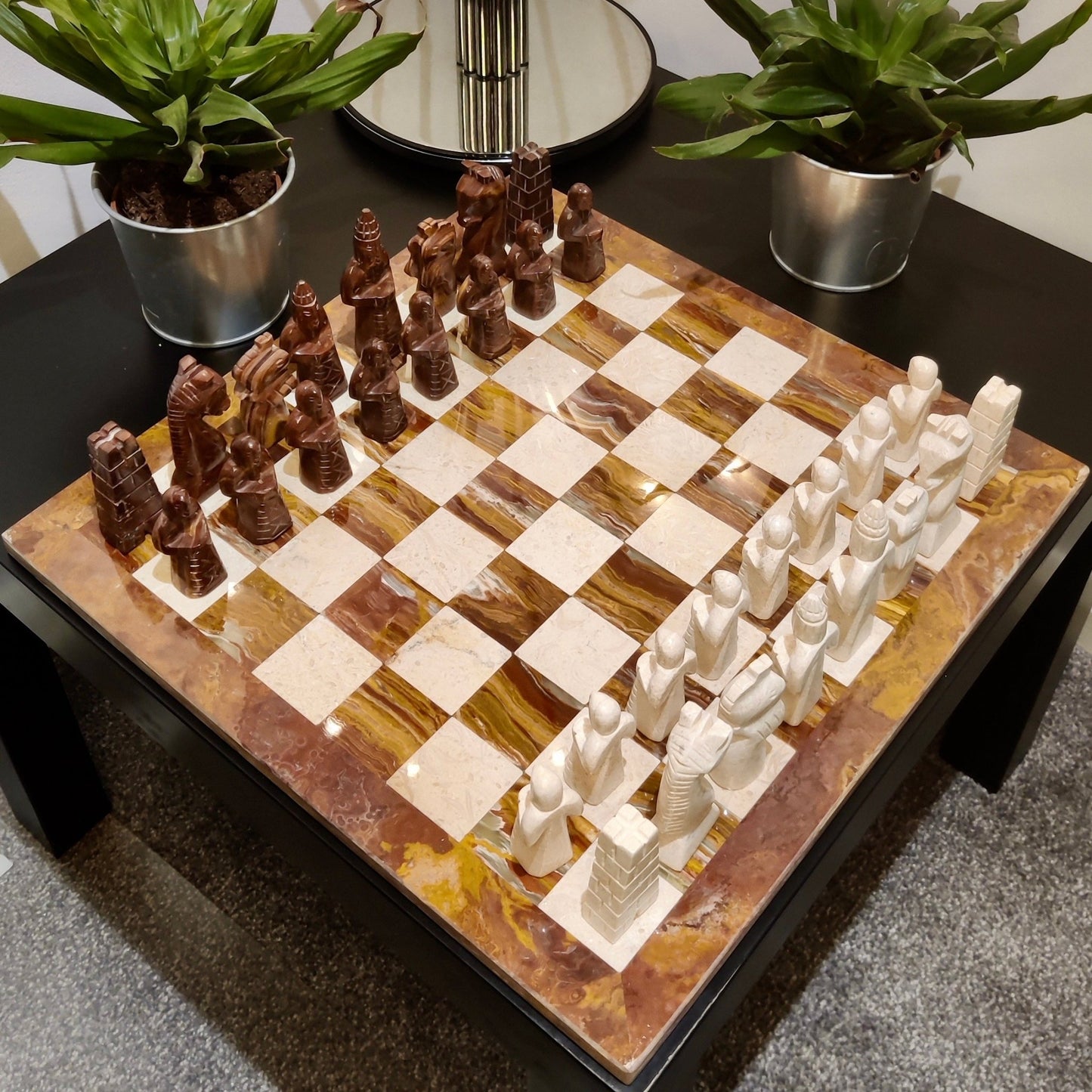 Hand Carved Marble Chess Set: Red & Beige Stone, Velvet Case (15x15 inch) - GOFIRE OUTLET