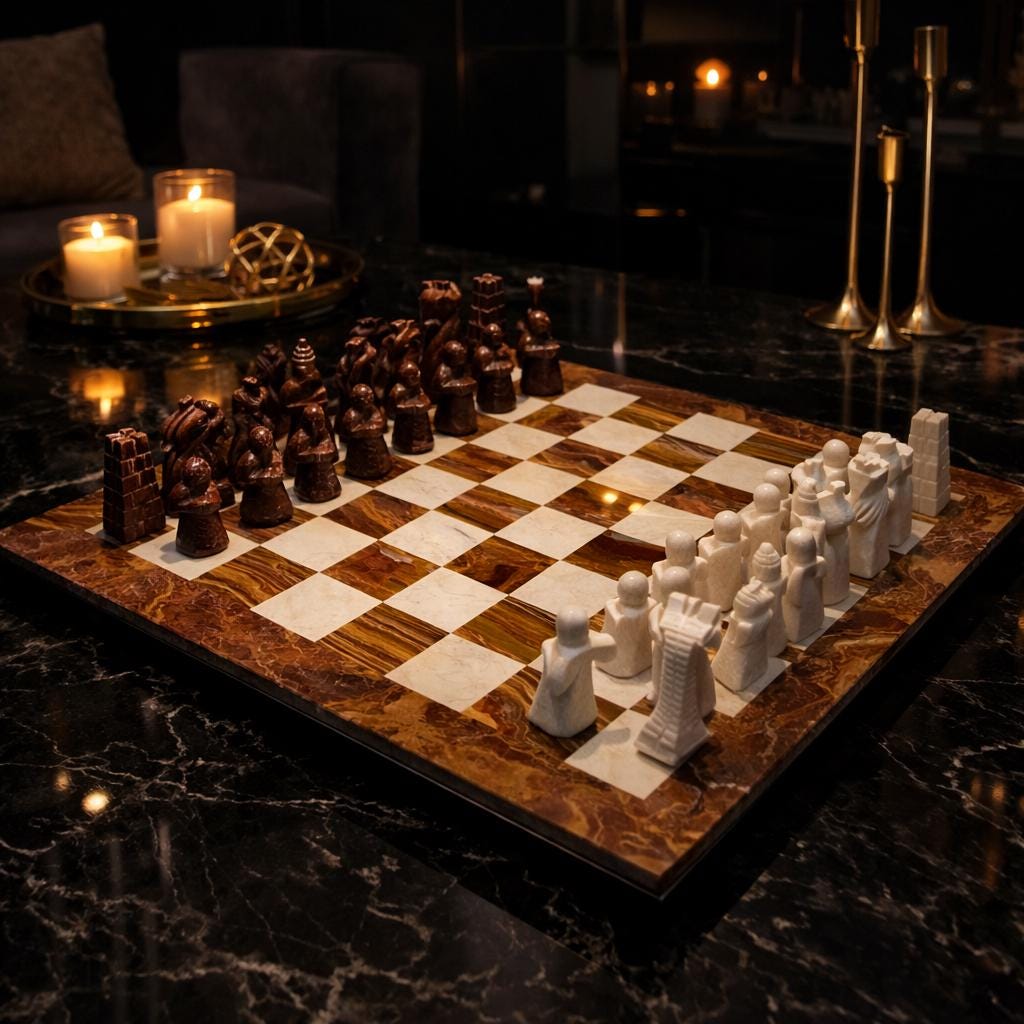 Hand Carved Marble Chess Set: Red & Beige Stone, Velvet Case (15x15 inch) - GOFIRE OUTLET