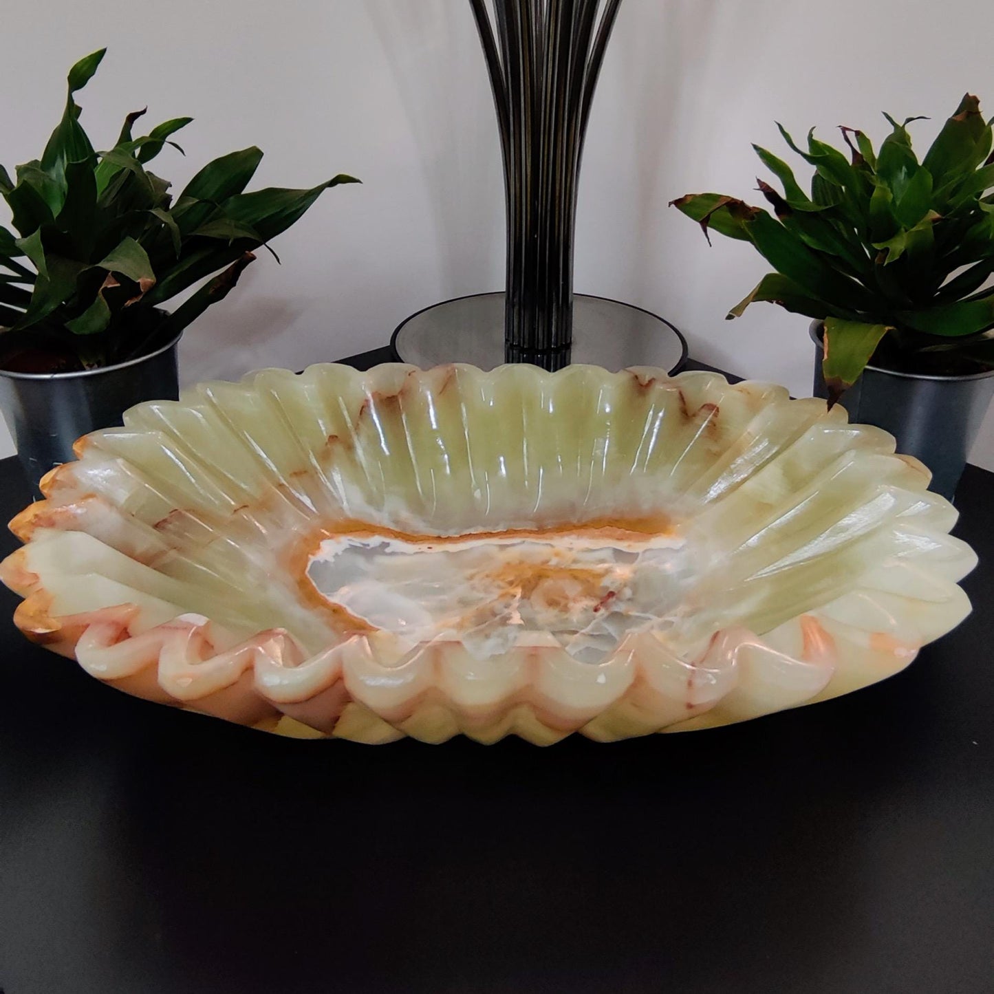 Hand - Carved Onyx Marble Bowl: Zigzag Border, Dining Table Centerpiece - GOFIRE OUTLET