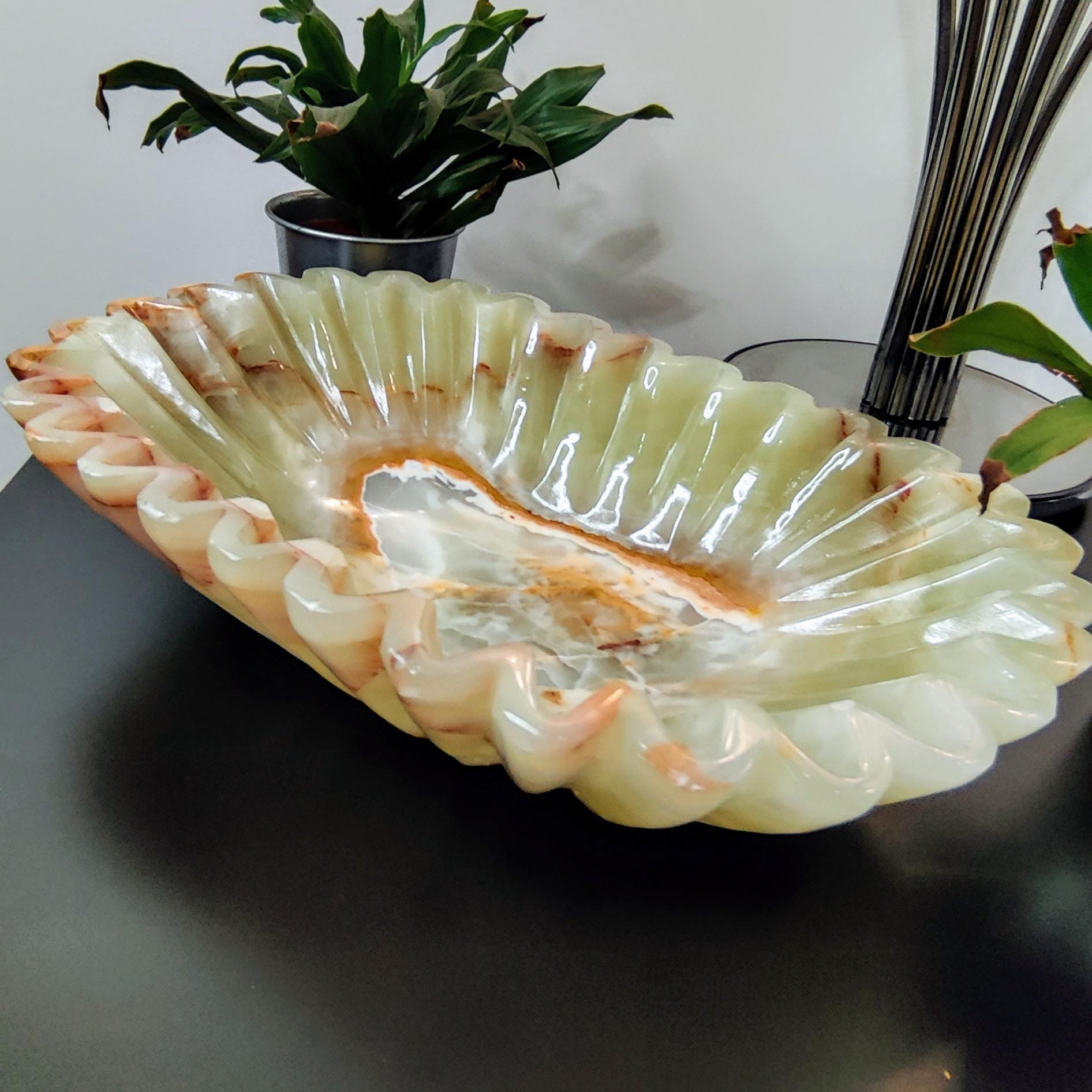 Hand - Carved Onyx Marble Bowl: Zigzag Border, Dining Table Centerpiece - GOFIRE OUTLET