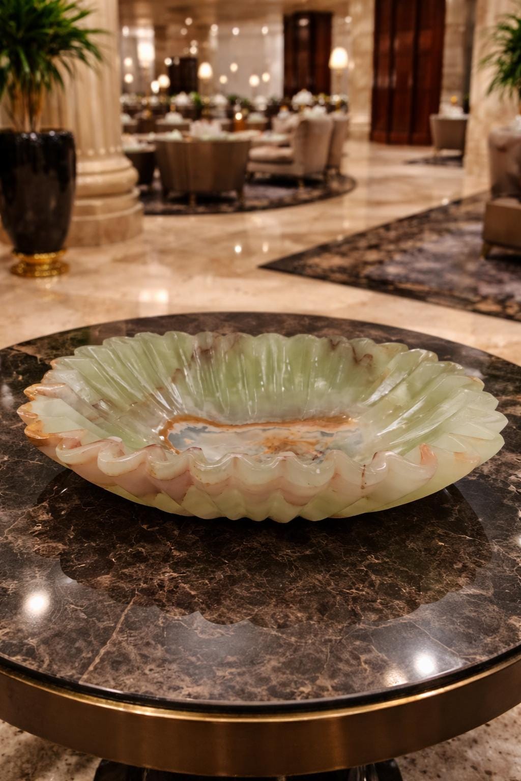 Hand - Carved Onyx Marble Bowl: Zigzag Border, Dining Table Centerpiece - GOFIRE OUTLET