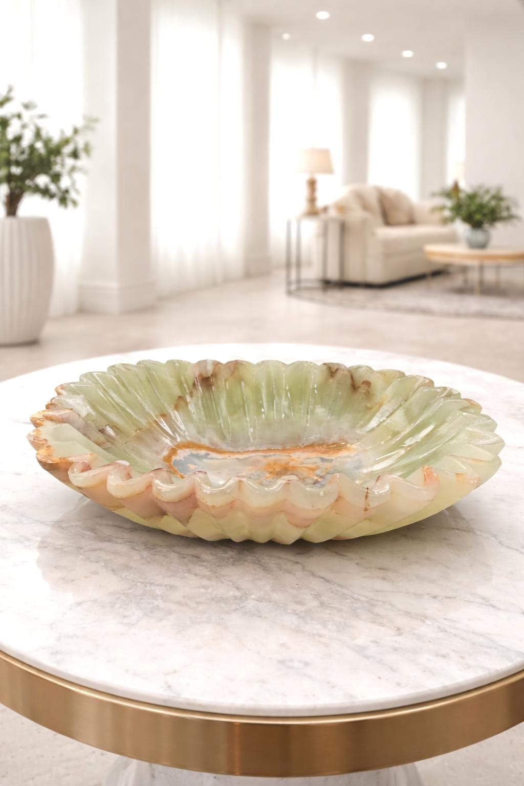 Hand - Carved Onyx Marble Bowl: Zigzag Border, Dining Table Centerpiece - GOFIRE OUTLET
