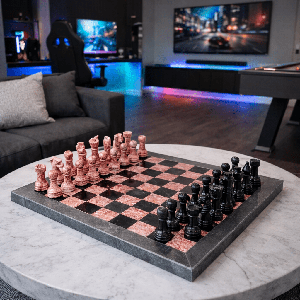 Handmade Black & Pink Marble Chess Set in 12x12 inches with Velvet Case - GOFIRE OUTLET