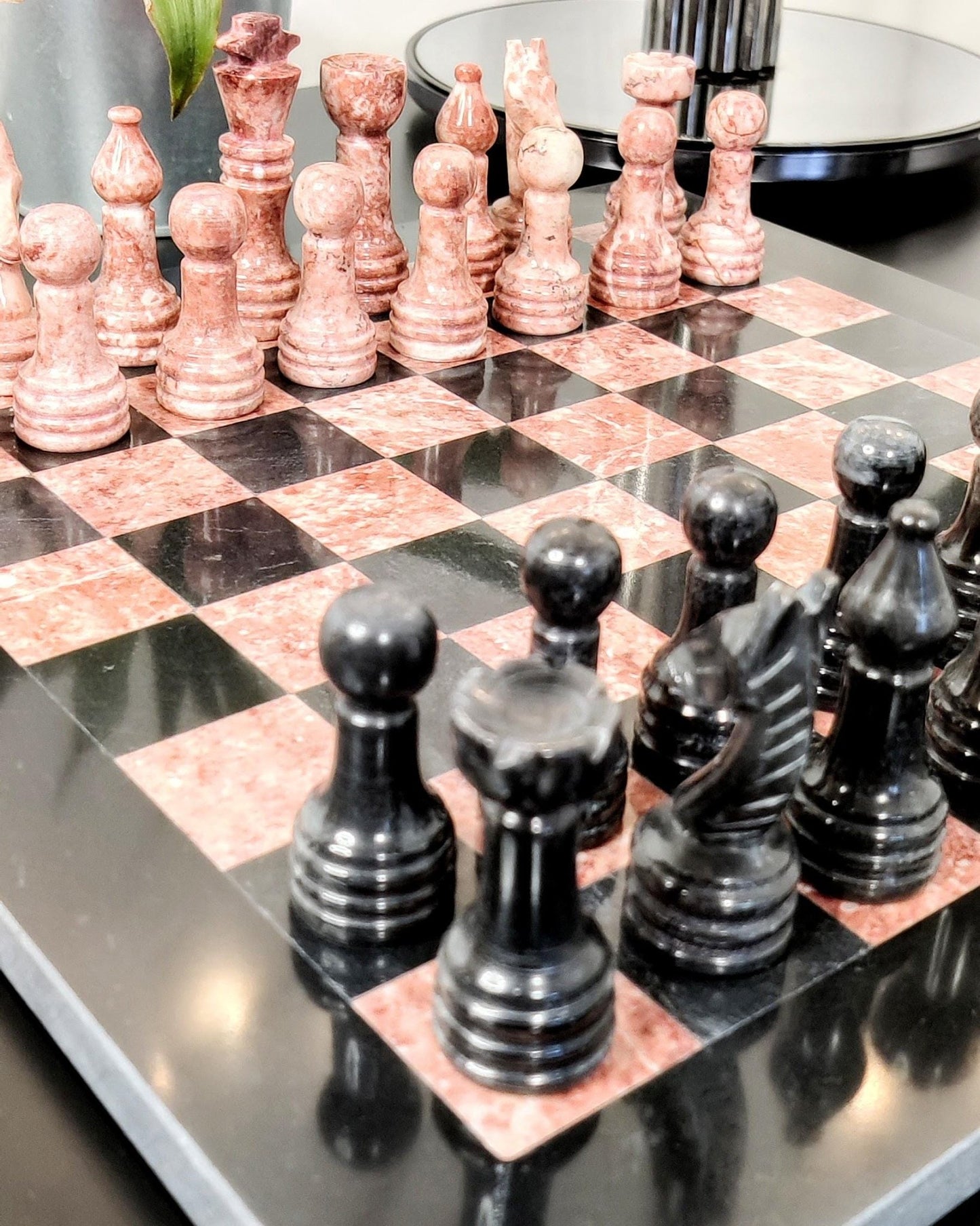Handmade Black & Pink Marble Chess Set in 12x12 inches with Velvet Case - GOFIRE OUTLET