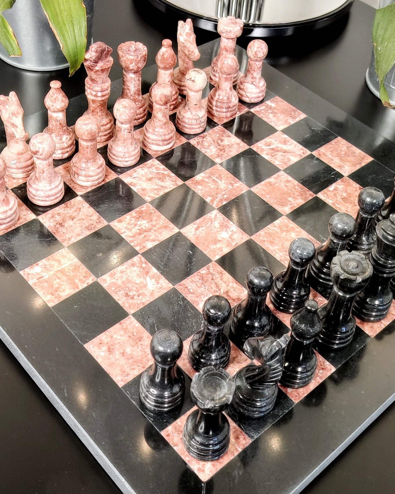 Handmade Black & Pink Marble Chess Set in 12x12 inches with Velvet Case - GOFIRE OUTLET