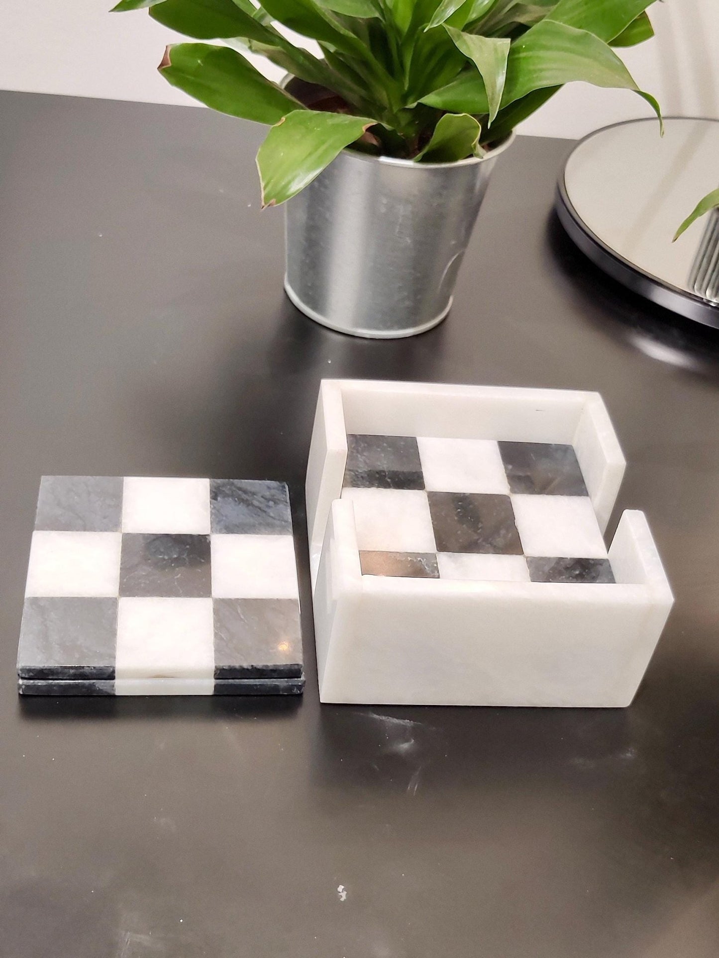 Handmade Black & White Marble Coasters: Check Design, Set of 6 - GOFIRE OUTLET
