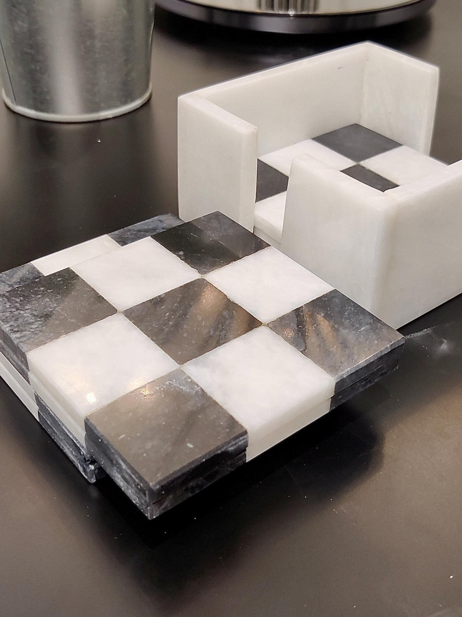 Handmade Black & White Marble Coasters: Check Design, Set of 6 - GOFIRE OUTLET