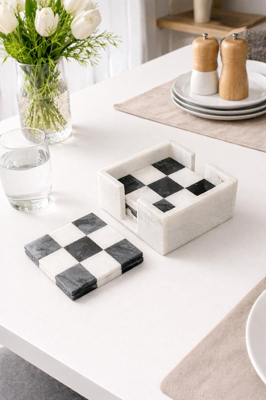 Handmade Black & White Marble Coasters: Check Design, Set of 6 - GOFIRE OUTLET