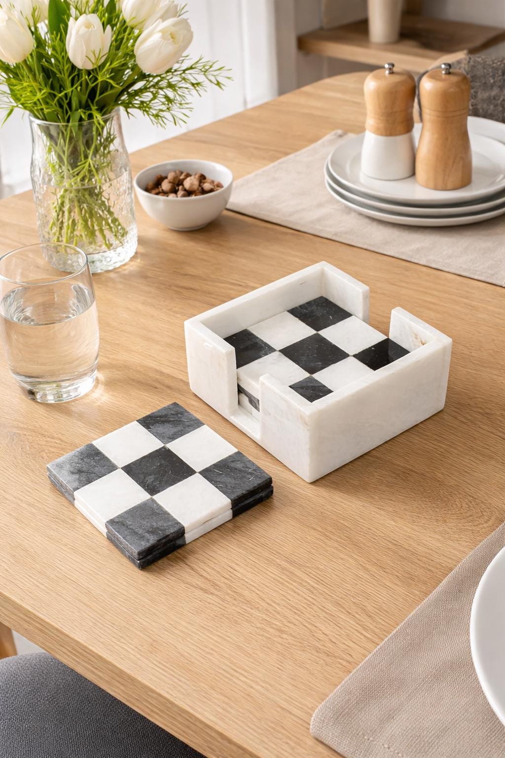 Handmade Black & White Marble Coasters: Check Design, Set of 6 - GOFIRE OUTLET