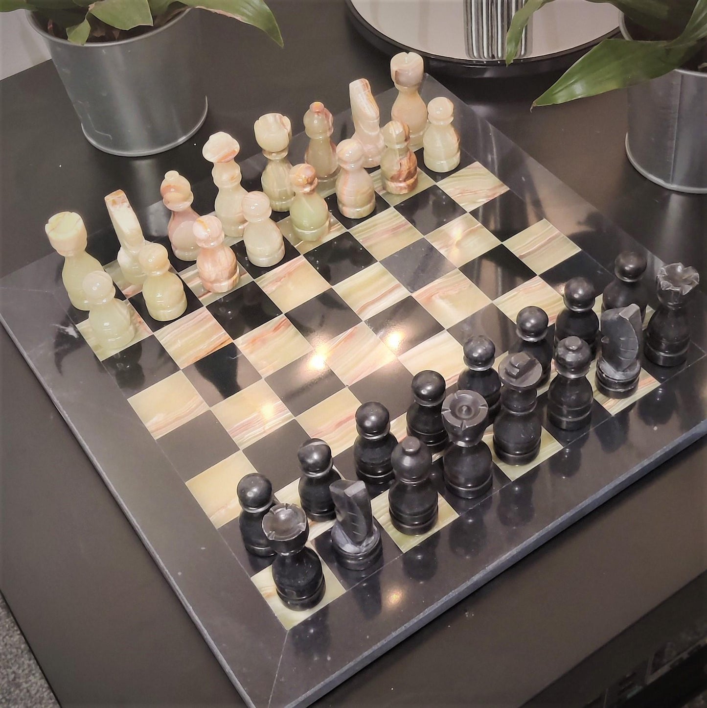 Handmade Marble Chess Set: Black & Onyx 12x12 inch Natural Stone Chess with Velvet Case - GOFIRE OUTLET