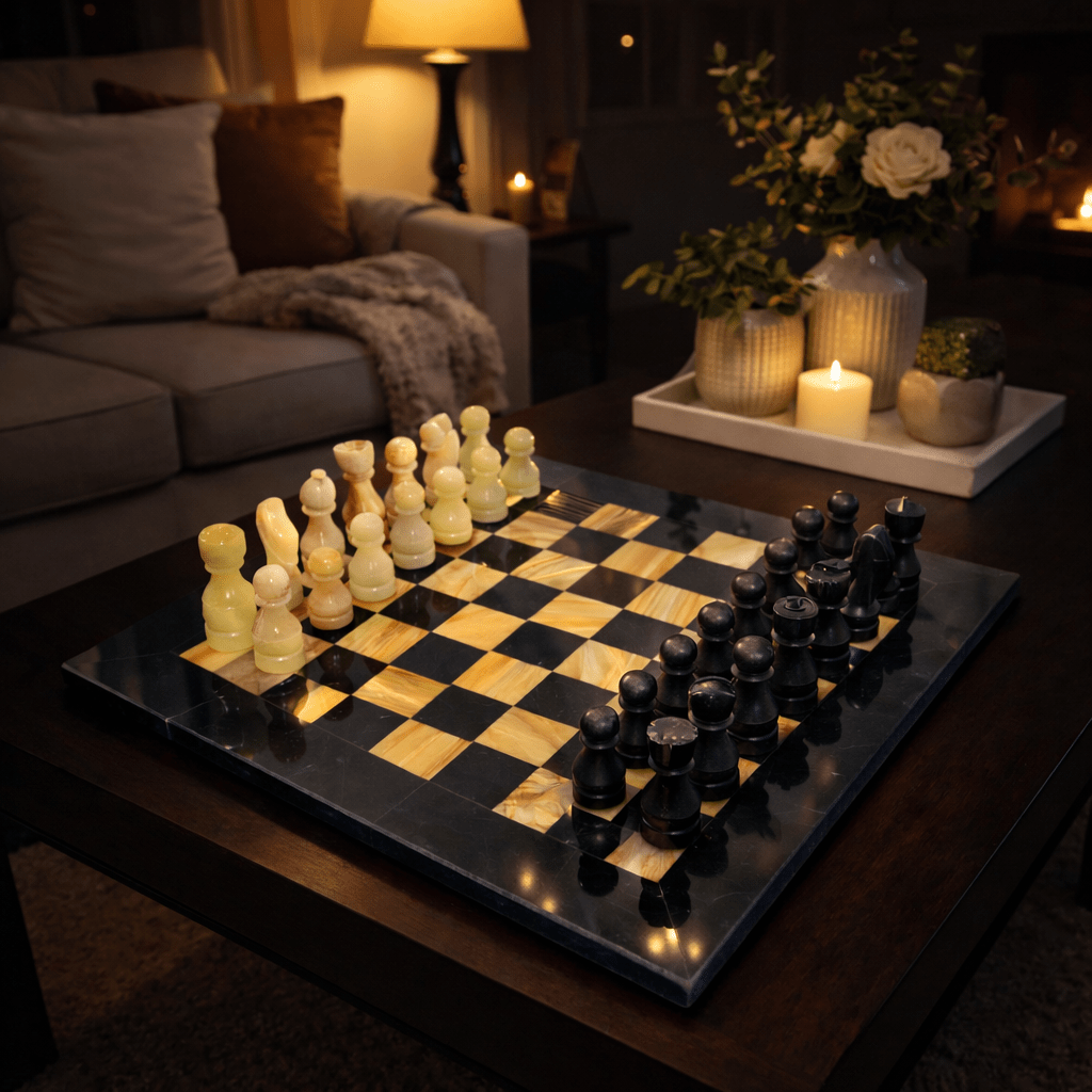 Handmade Marble Chess Set: Black & Onyx 12x12 inch Natural Stone Chess with Velvet Case - GOFIRE OUTLET