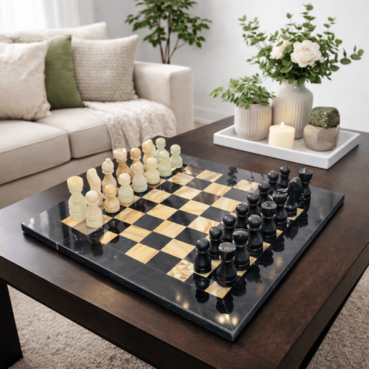 Handmade Marble Chess Set: Black & Onyx 12x12 inch Natural Stone Chess with Velvet Case - GOFIRE OUTLET