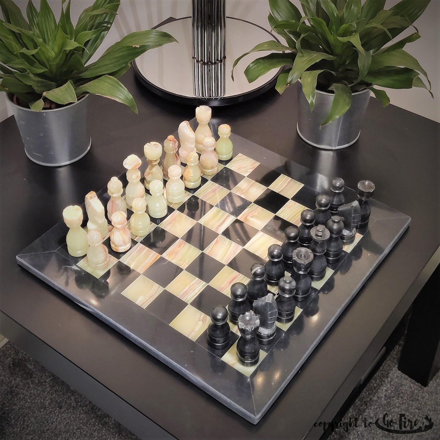 Handmade Marble Chess Set: Black & Onyx 12x12 inch Natural Stone Chess with Velvet Case - GOFIRE OUTLET