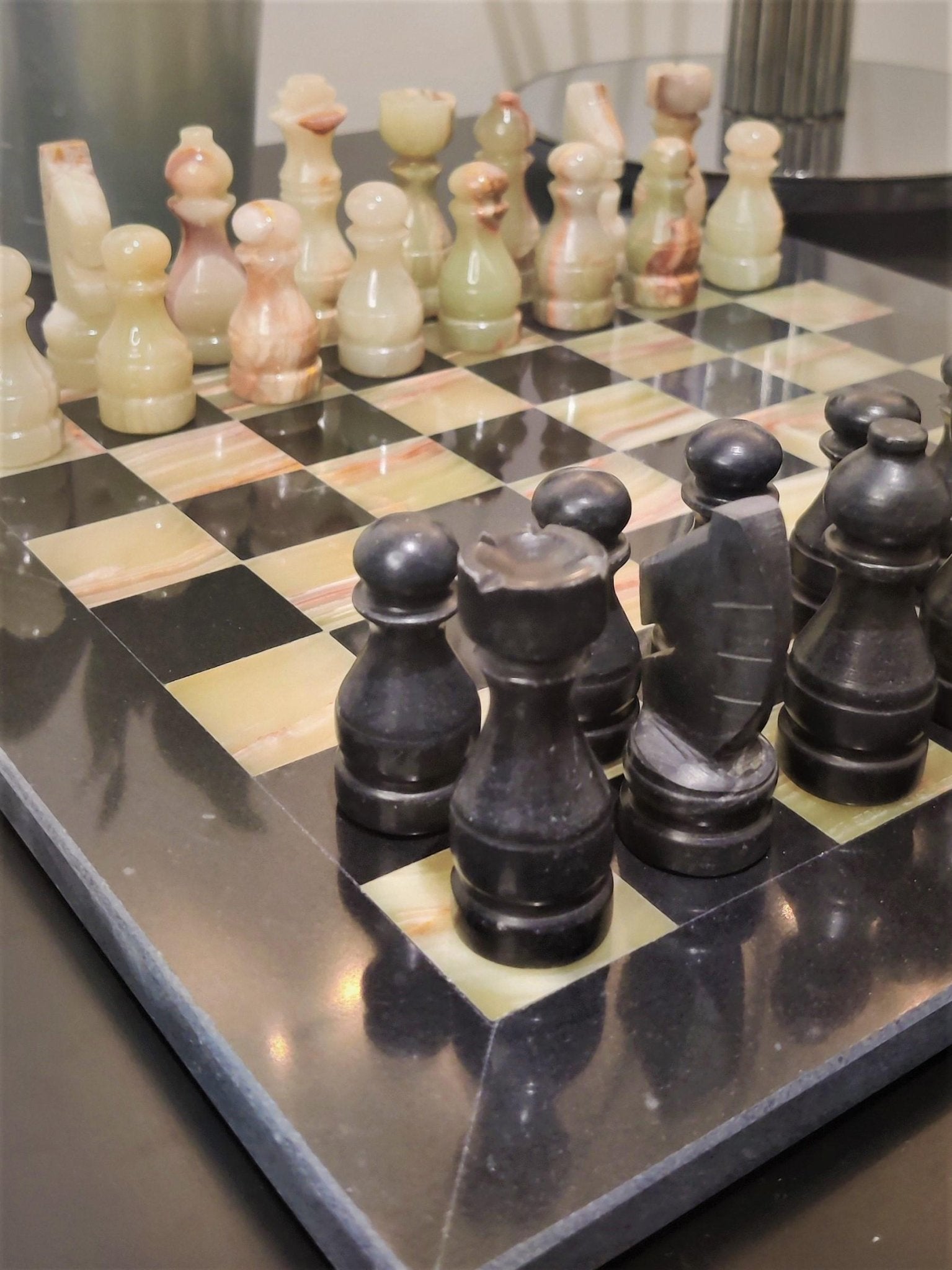 Handmade Marble Chess Set: Black & Onyx 12x12 inch Natural Stone Chess with Velvet Case - GOFIRE OUTLET