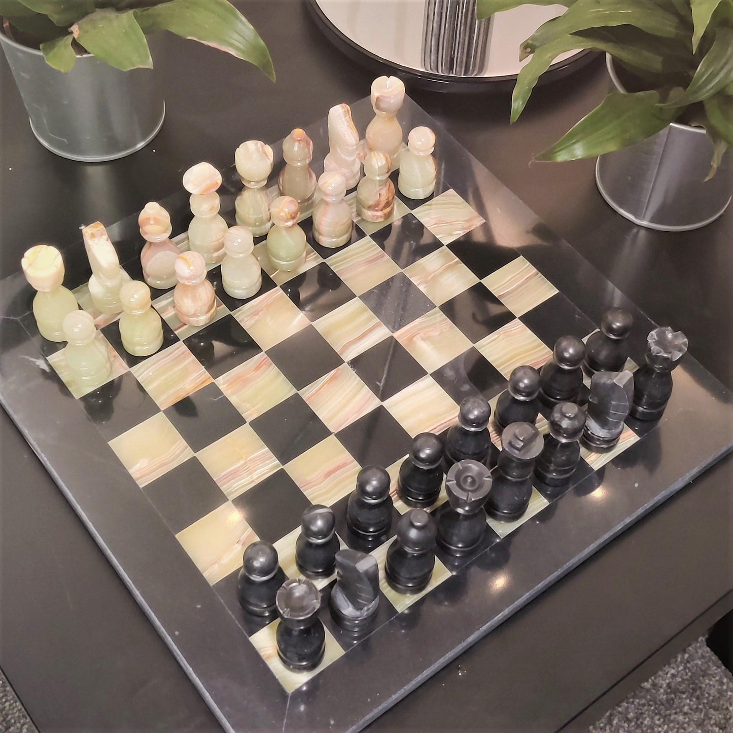 Handmade Marble Chess Set: Black & Onyx 12x12 inch Natural Stone Chess with Velvet Case - GOFIRE OUTLET