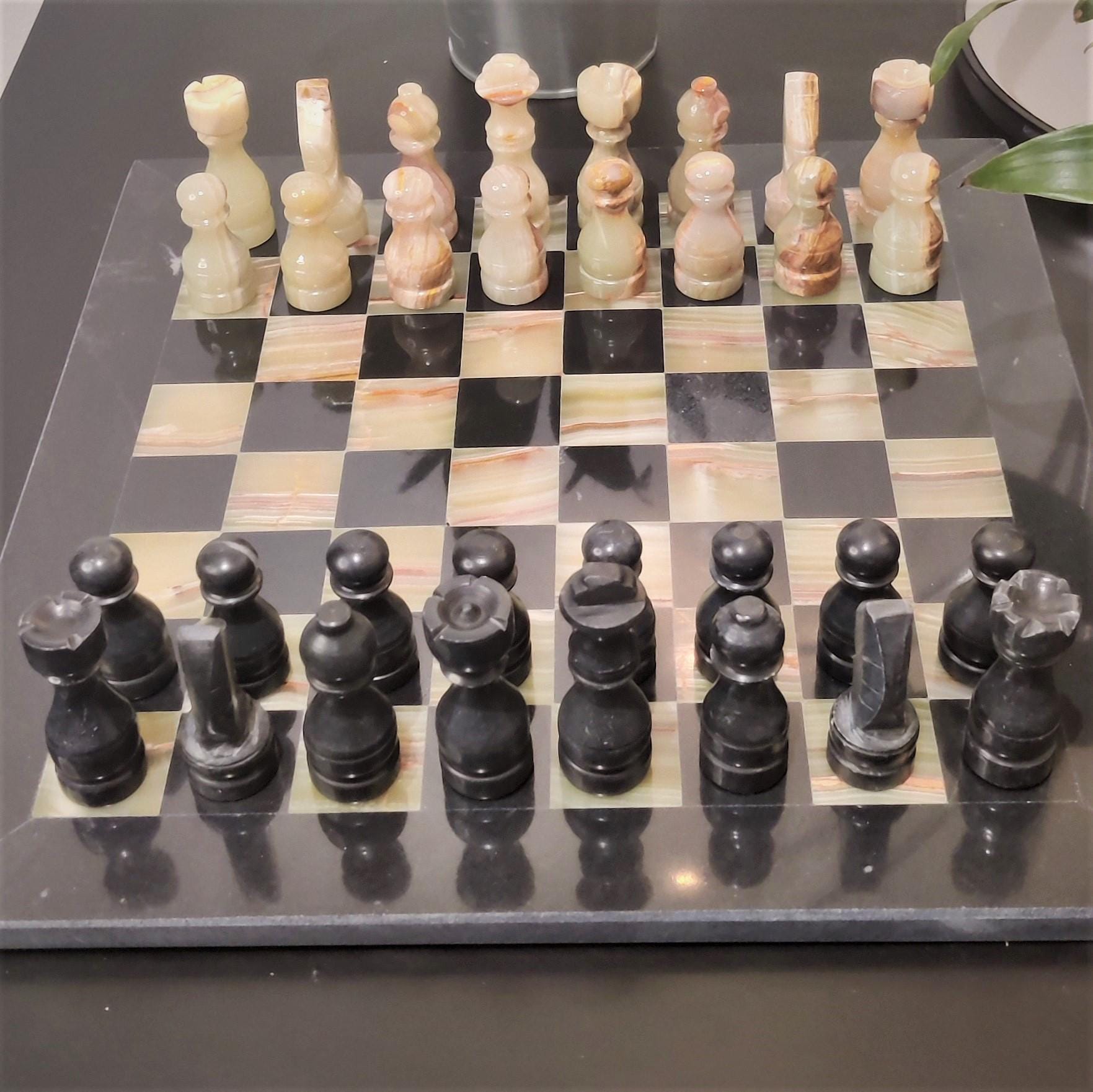 Handmade Marble Chess Set: Black & Onyx 12x12 inch Natural Stone Chess with Velvet Case - GOFIRE OUTLET