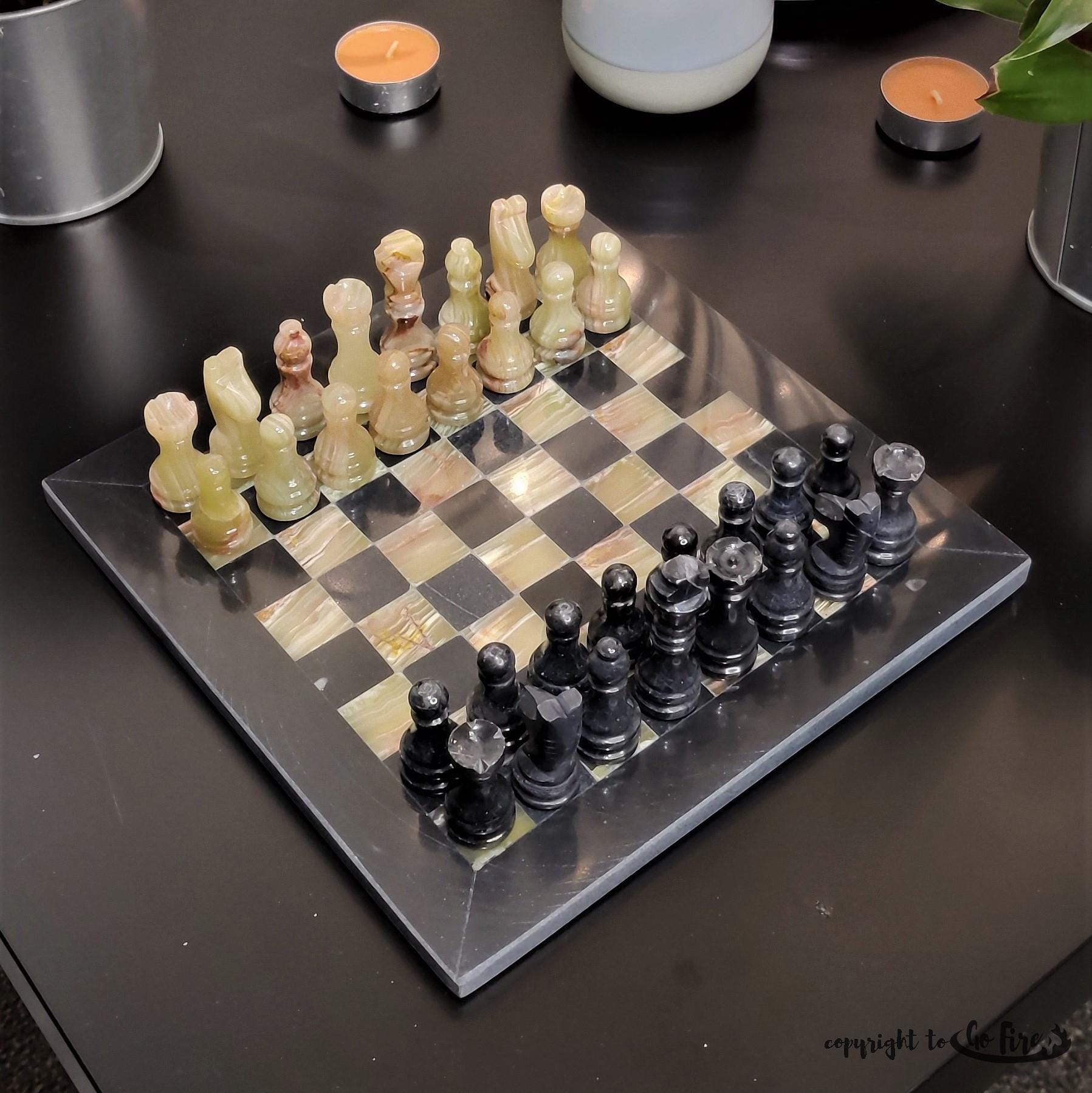 Handmade Marble Chess Set: Black & Onyx 8x8 inch Board, Velvet Case - GOFIRE OUTLET