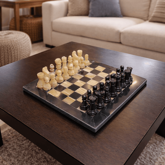 Handmade Marble Chess Set: Black & Onyx 8x8 inch Board, Velvet Case - GOFIRE OUTLET